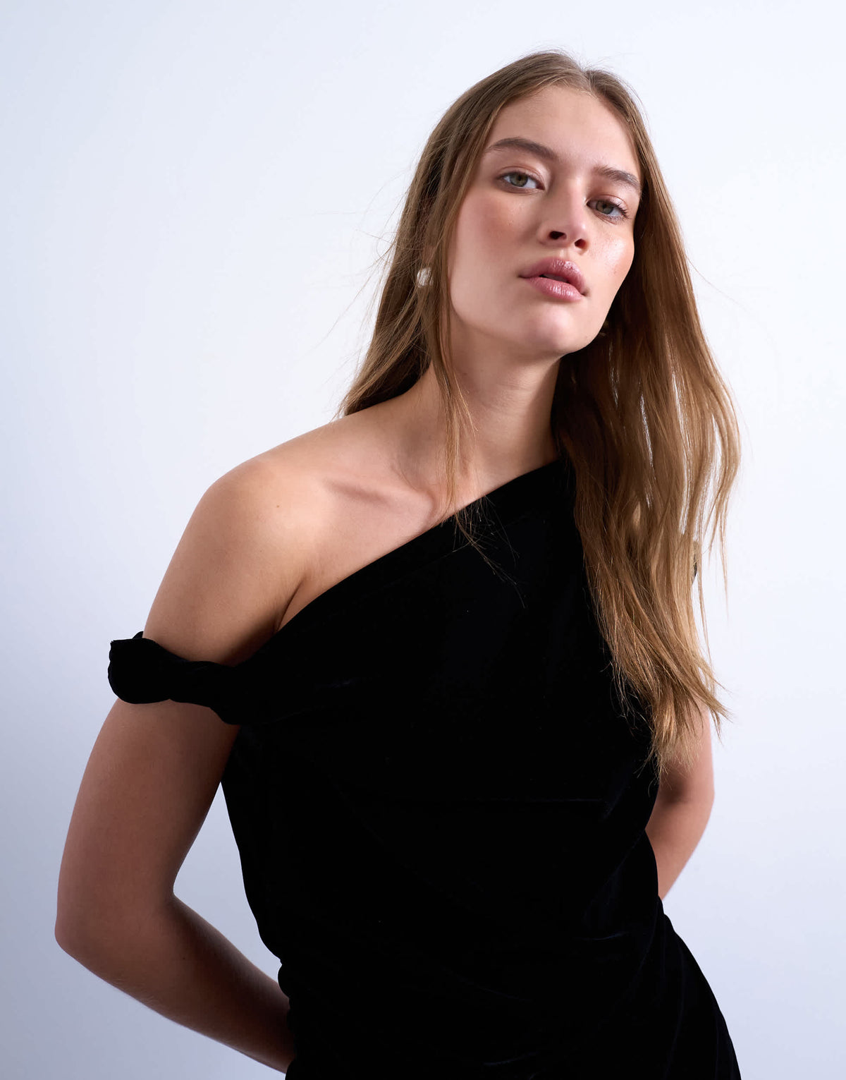 Topshop twist shoulder velvet top in black