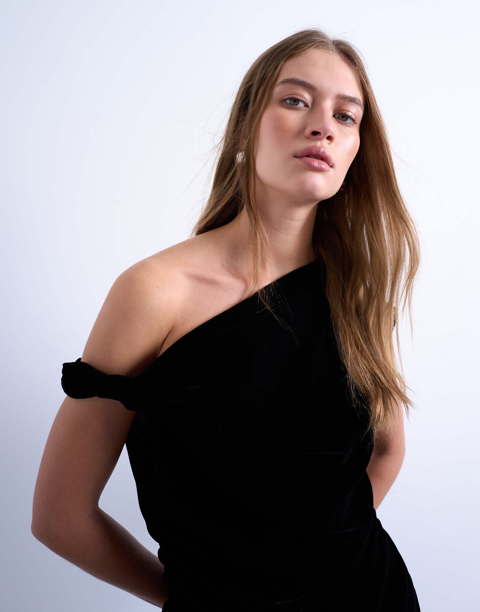 Topshop twist shoulder velvet top in black
