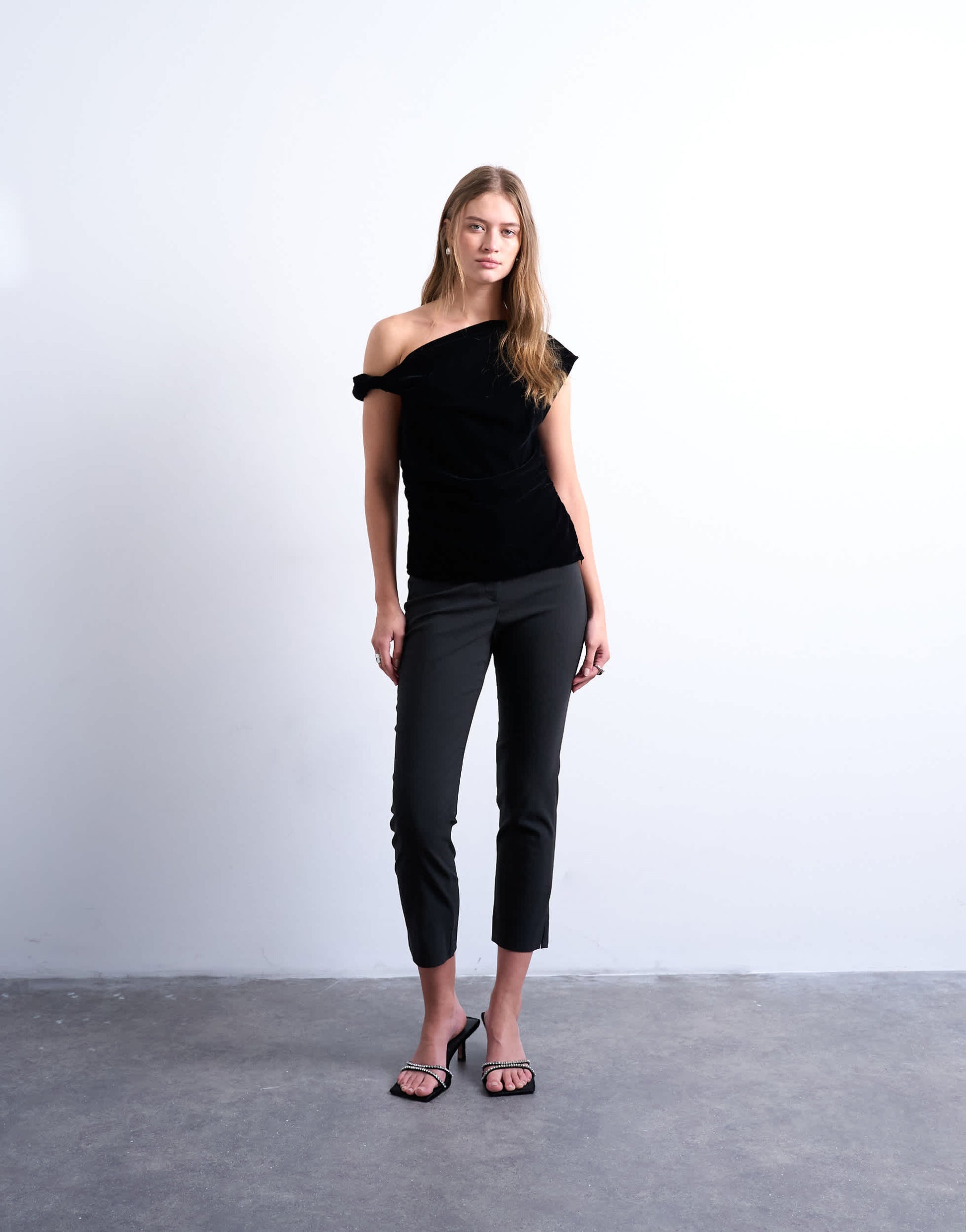 Topshop twist shoulder velvet top in black