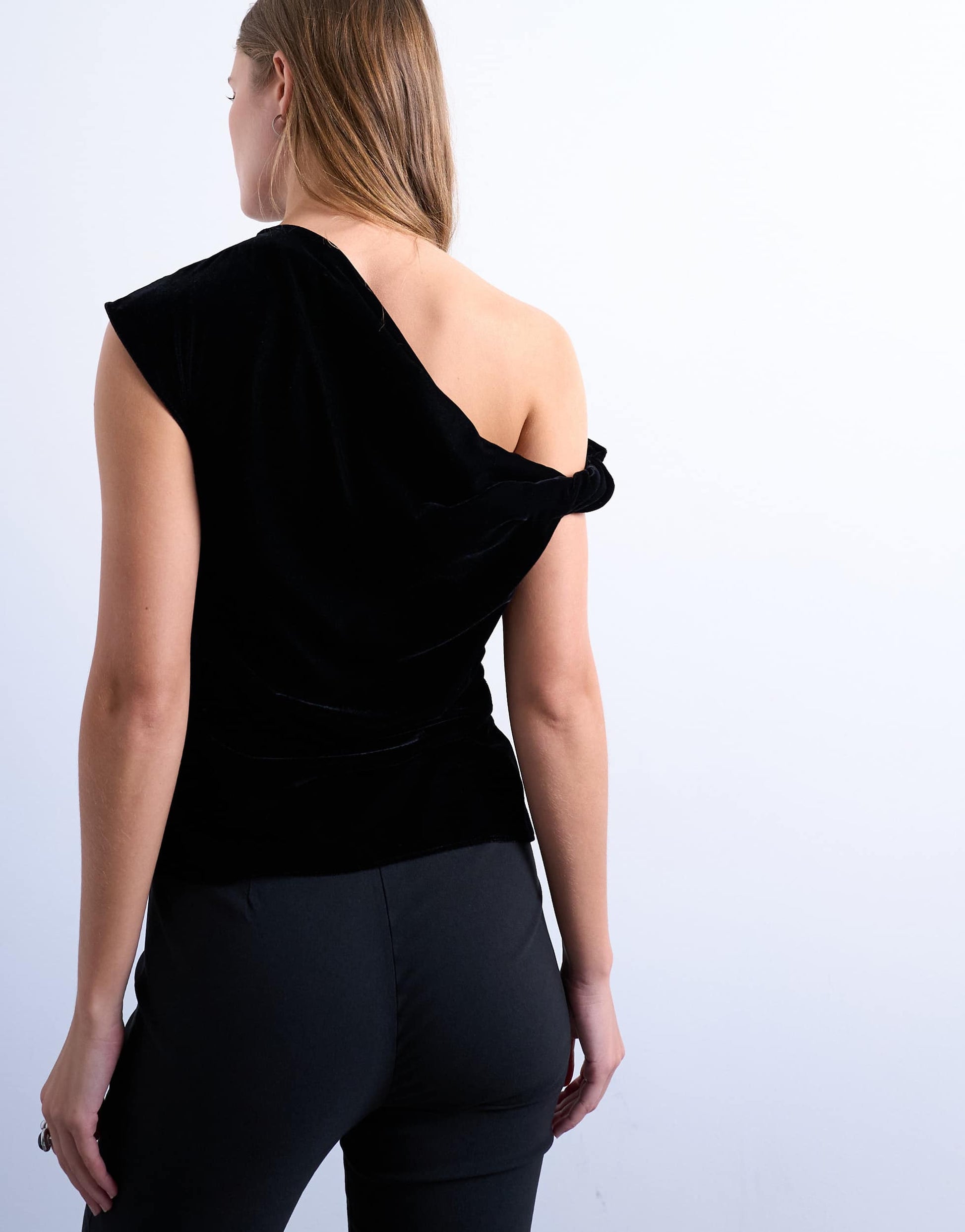 Topshop twist shoulder velvet top in black