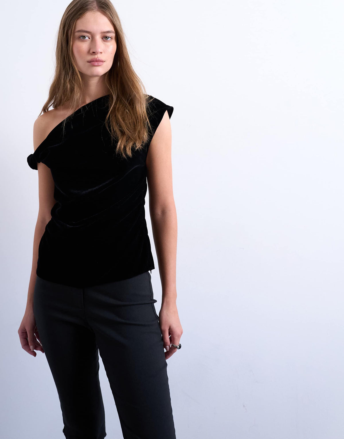 Topshop twist shoulder velvet top in black