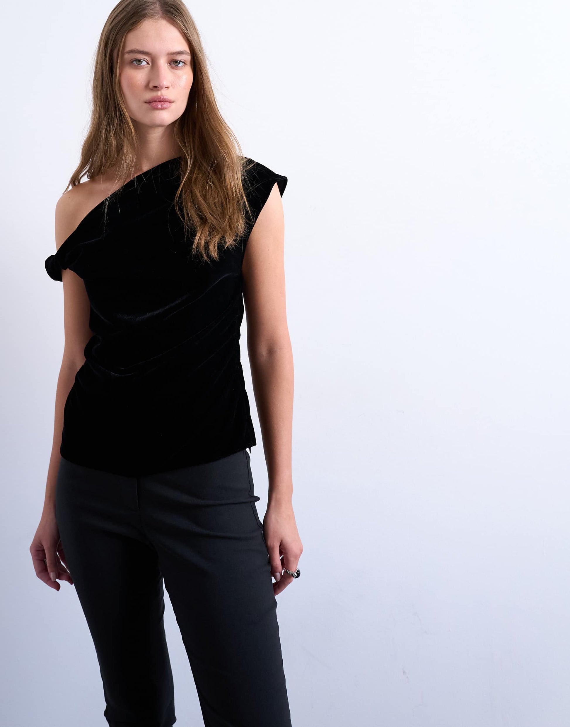 Topshop twist shoulder velvet top in black