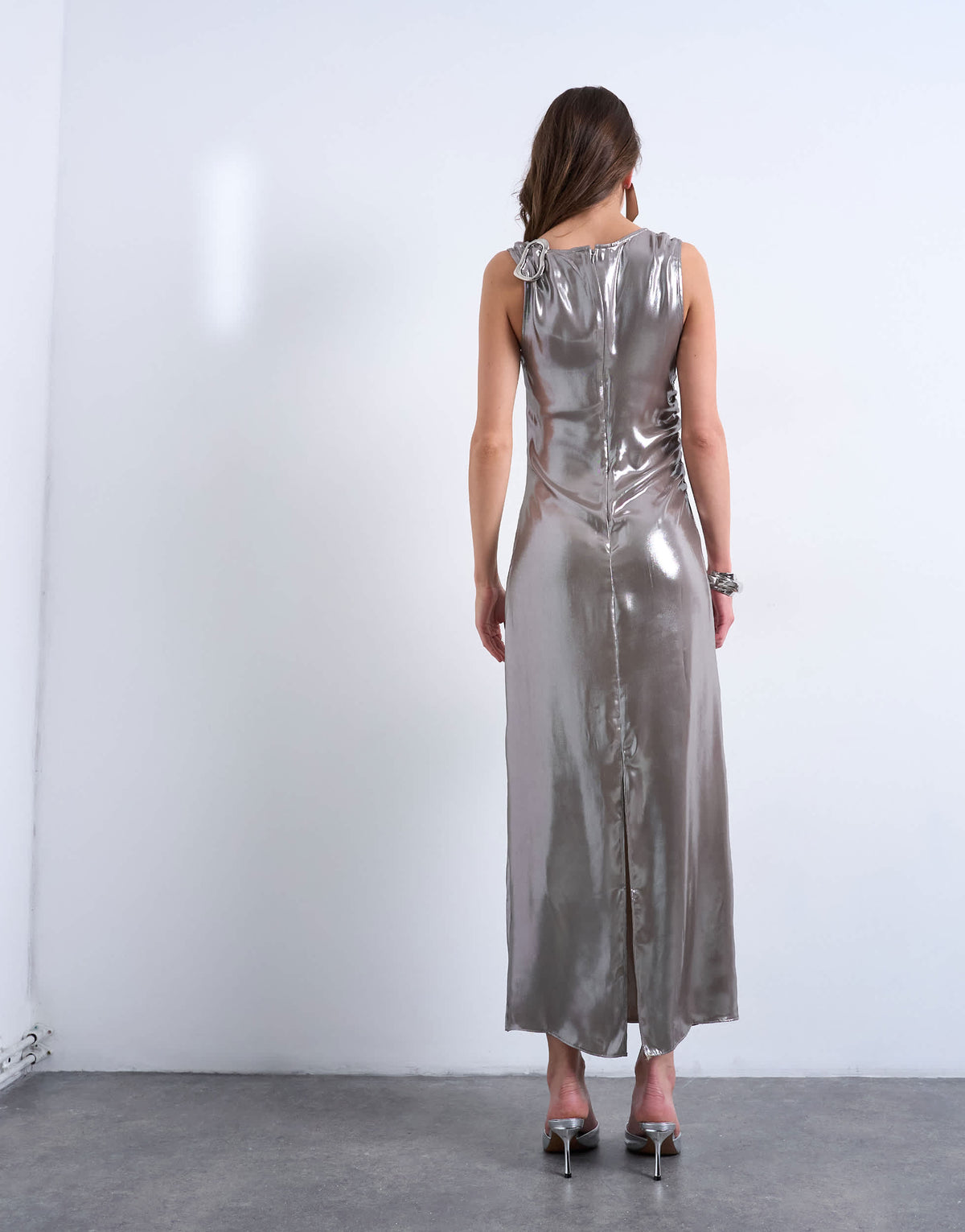 Topshop metallic midiaxi dress with silver hardware in silver