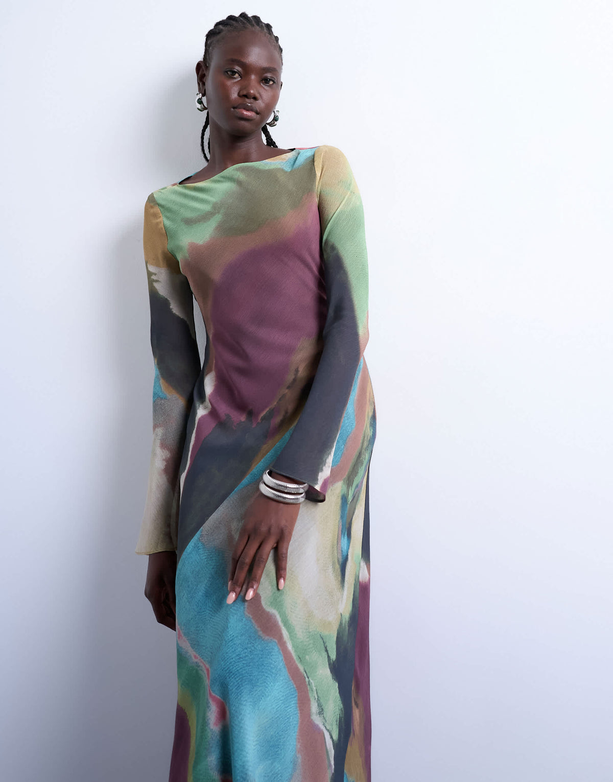 Topshop slash neck chiffon maxi dress in abstract print