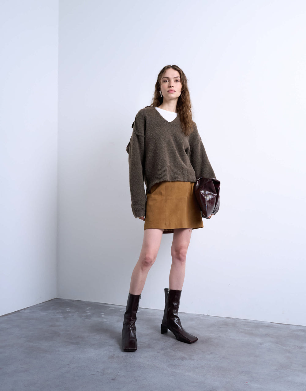 Jupe mini Topshop en daim véritable couleur caramel, avec coutures apparentes