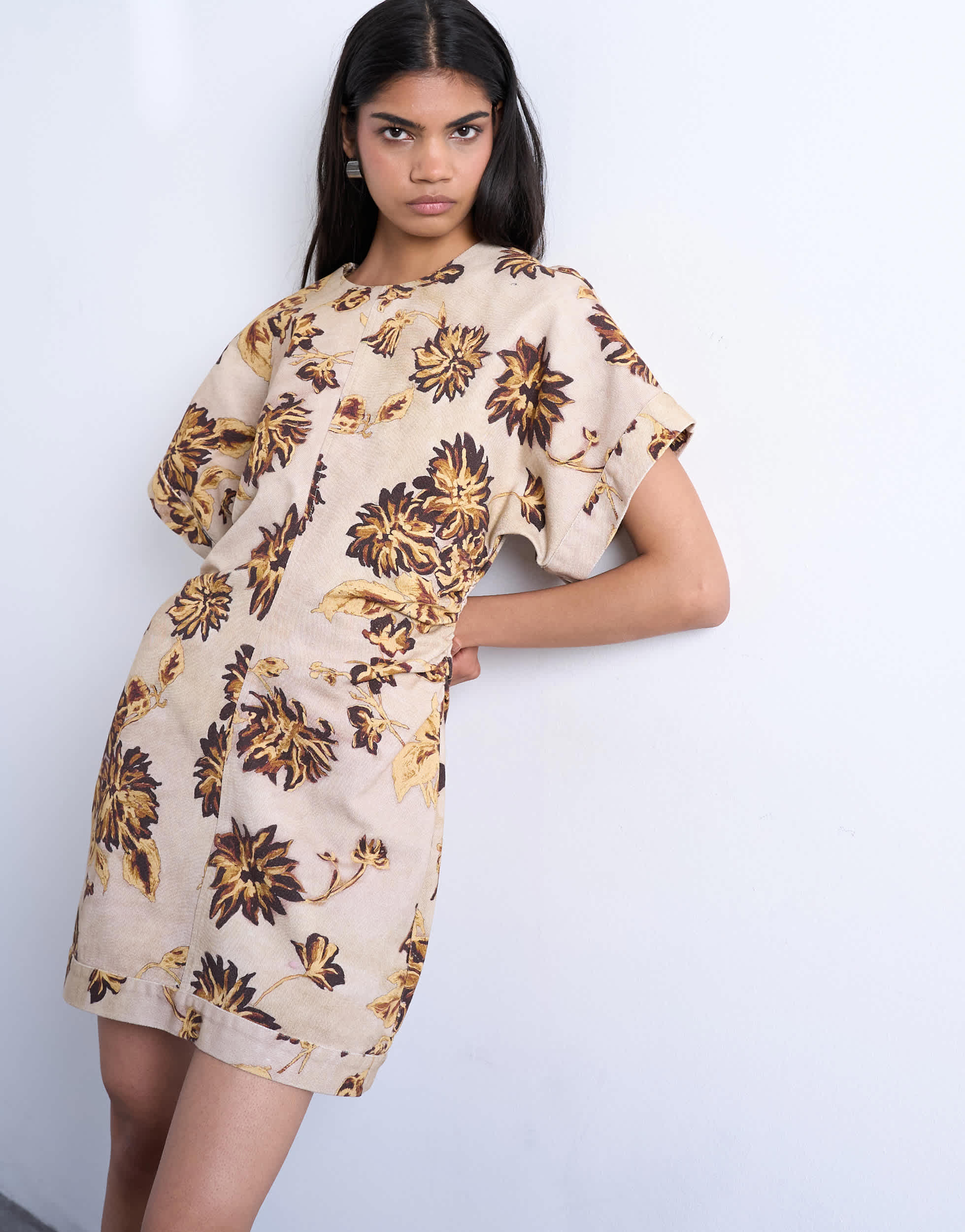 Topshop heavy twill structured mini dress in yellow winding floral