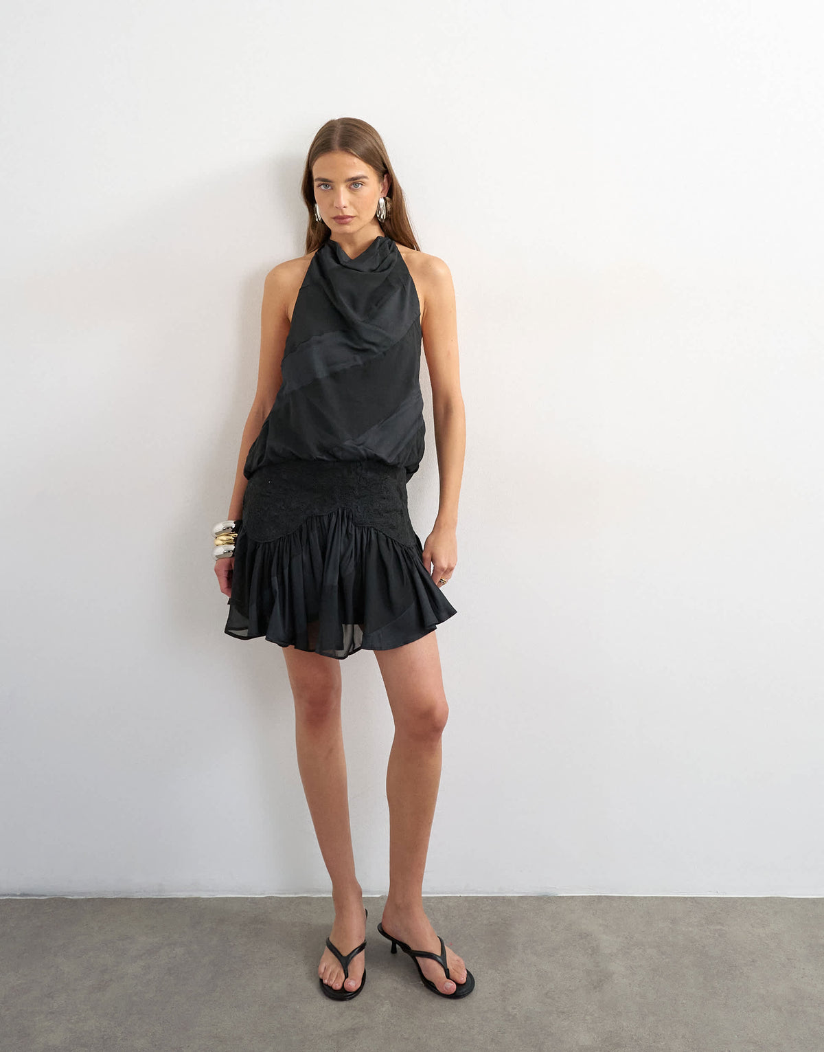 Topshop tie neck halter flippy mini dress with embroidered detail in black