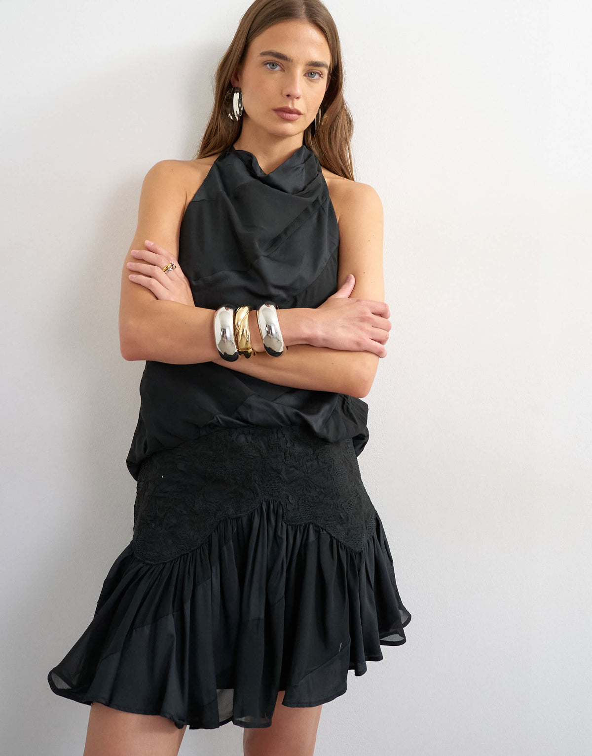 Topshop tie neck halter flippy mini dress with embroidered detail in black