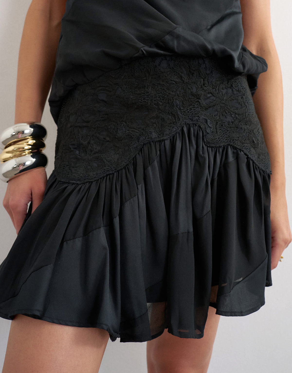 Topshop tie neck halter flippy mini dress with embroidered detail in black
