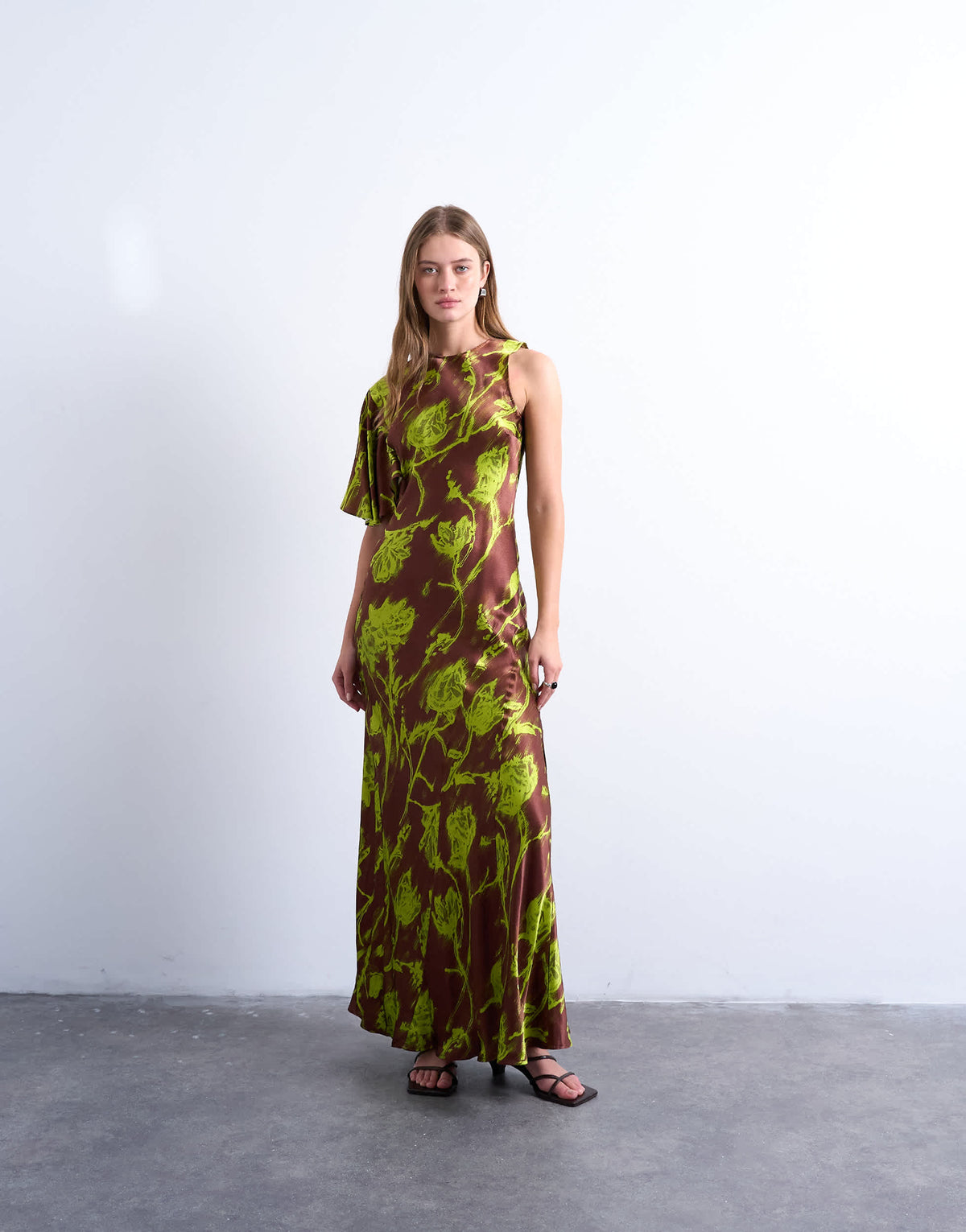 Topshop asymmetric sleeve full hem occasion midi dress in green blurred rose