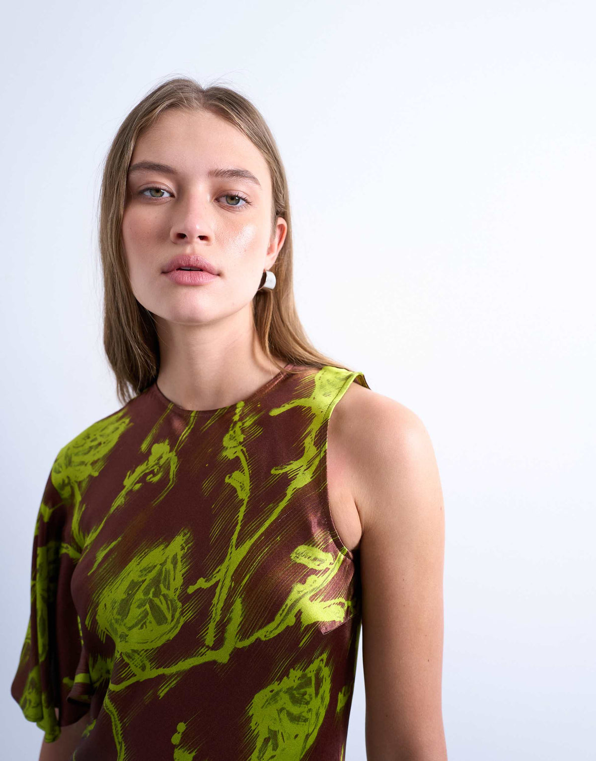 Topshop asymmetric sleeve full hem occasion midi dress in green blurred rose