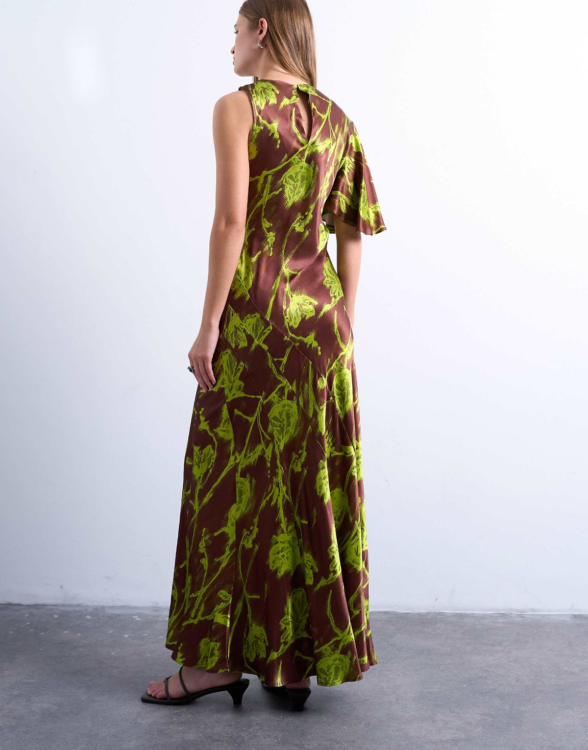 Topshop asymmetric sleeve full hem occasion midi dress in green blurred rose