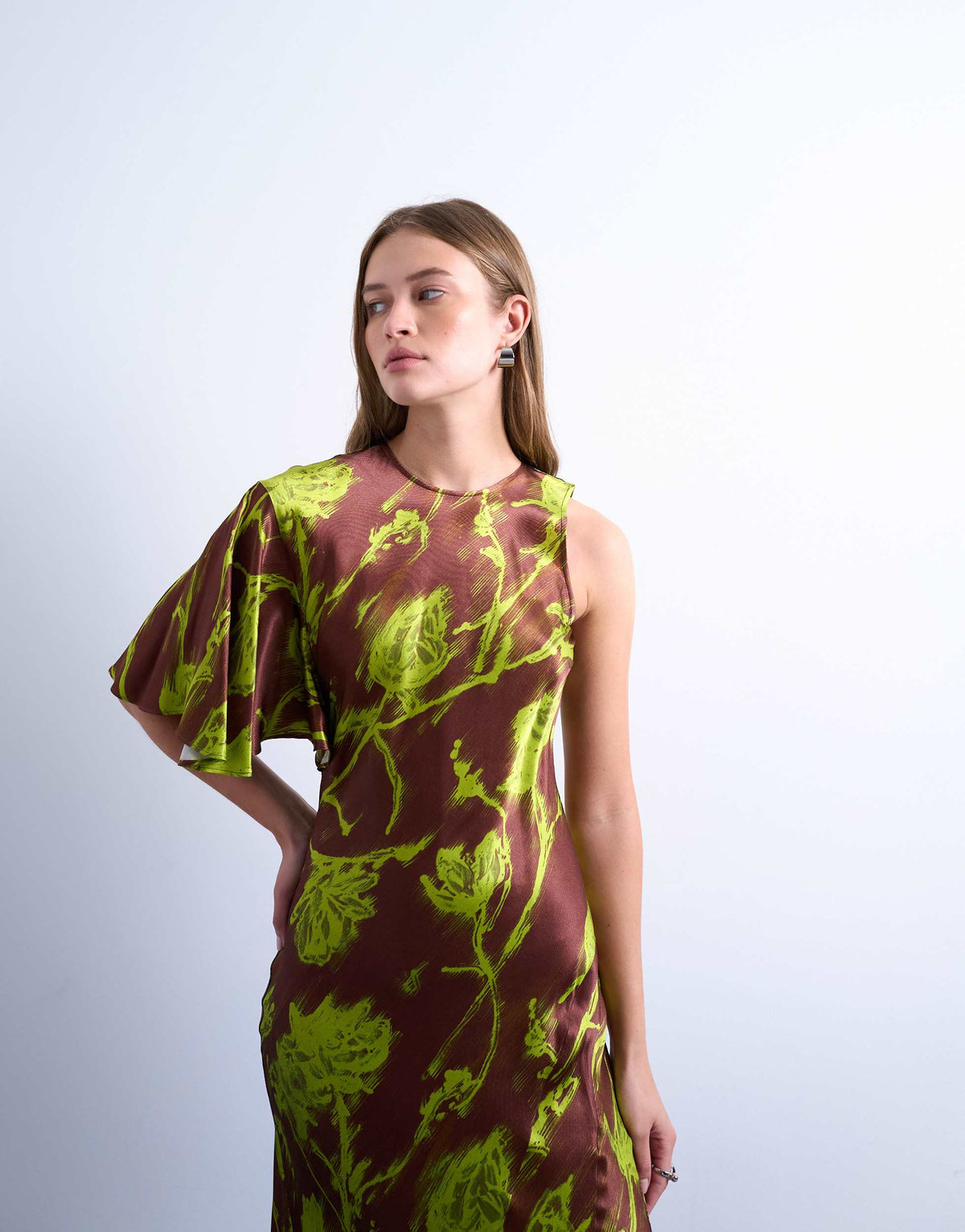 Topshop asymmetric sleeve full hem occasion midi dress in green blurred rose