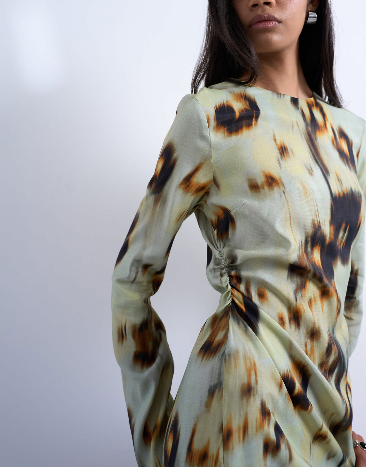 Topshop waisted long sleeve mini dress in blur print