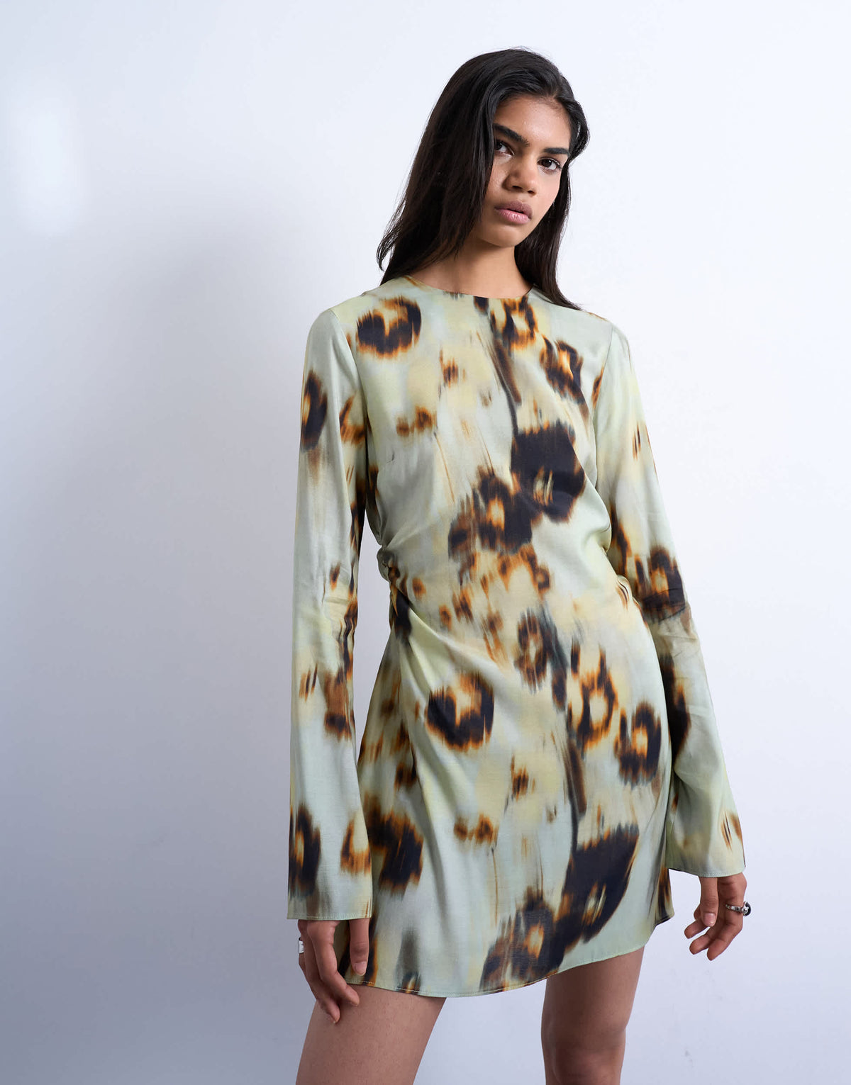 Topshop waisted long sleeve mini dress in blur print