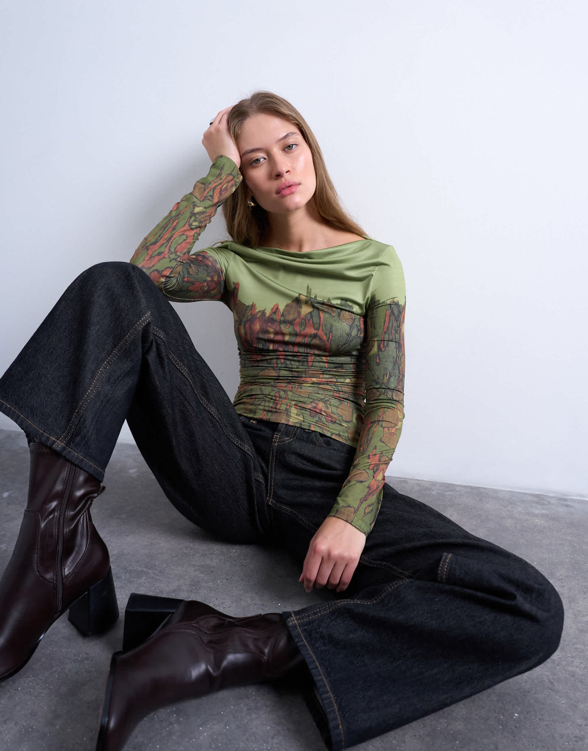 Topshop slash neck abstract placement print microfibre top in green