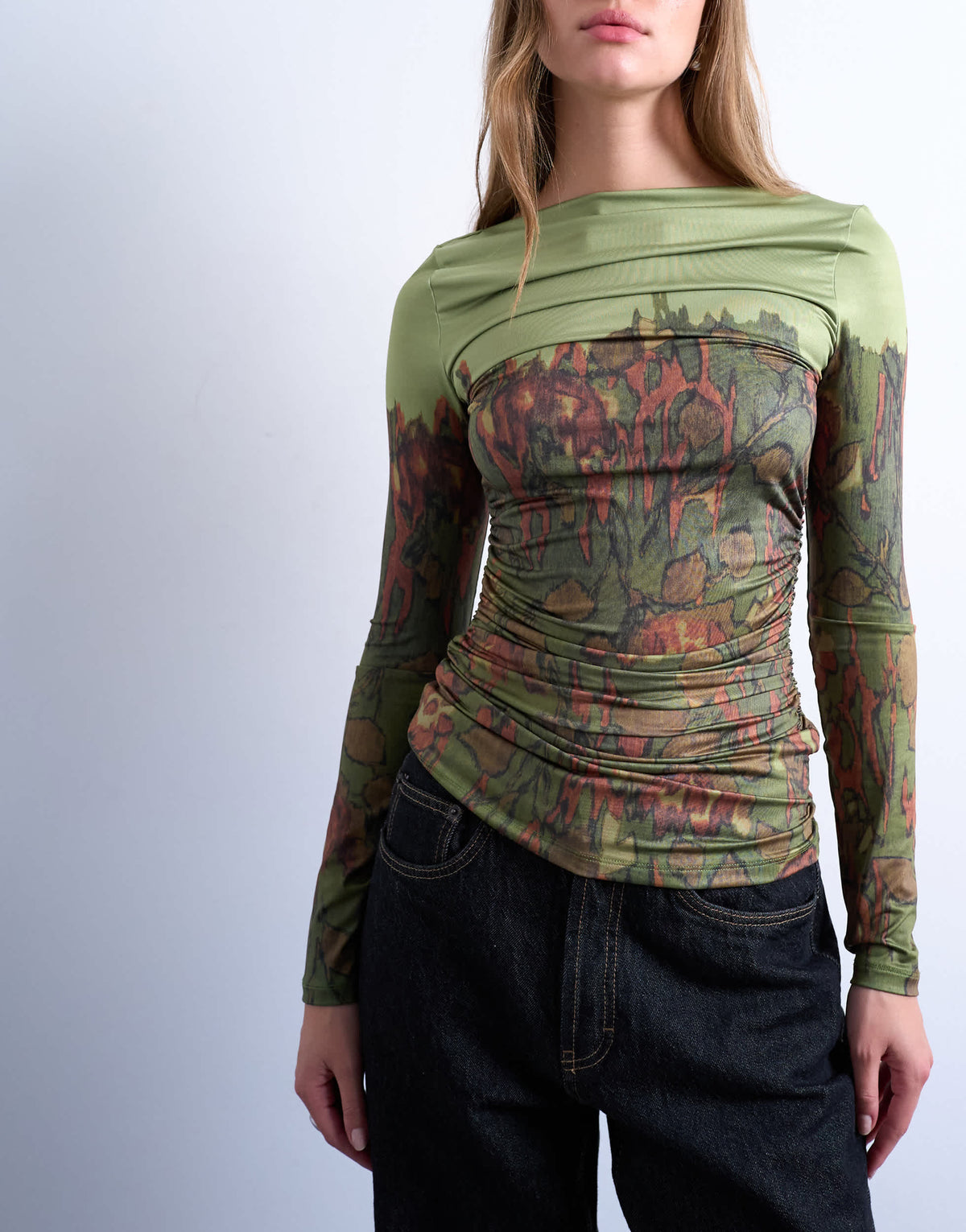 Topshop slash neck abstract placement print microfibre top in green