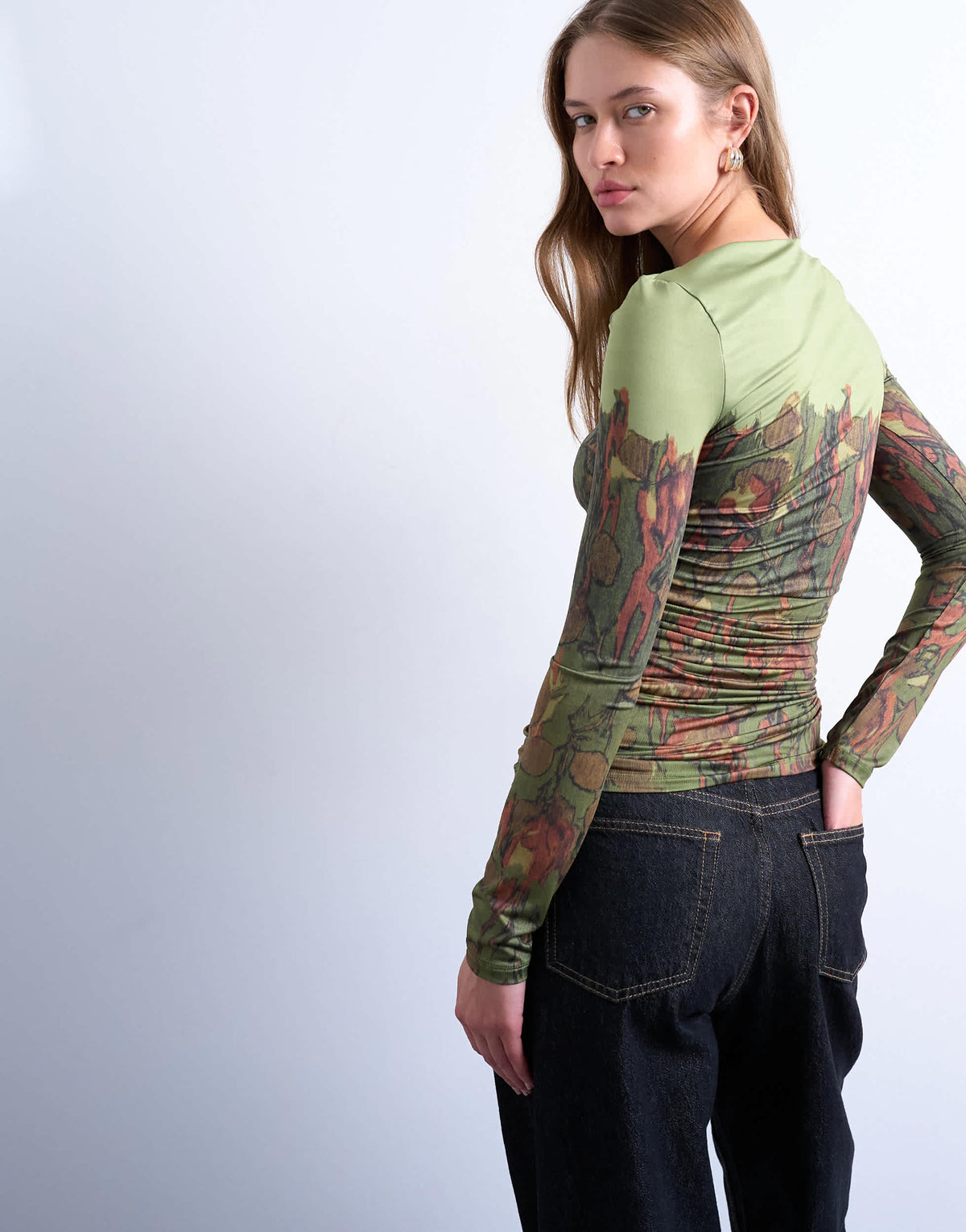 Topshop slash neck abstract placement print microfibre top in green