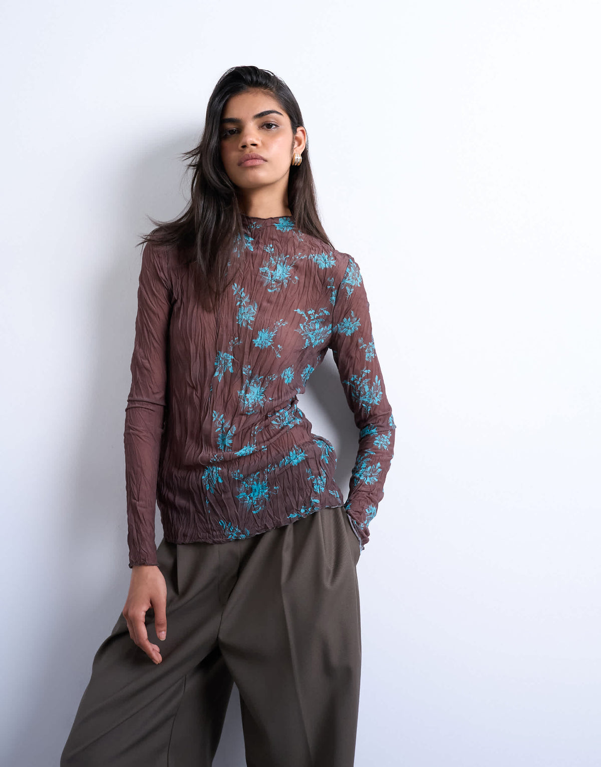 Topshop spliced crinkle mesh long sleeve top in brown and turquoise