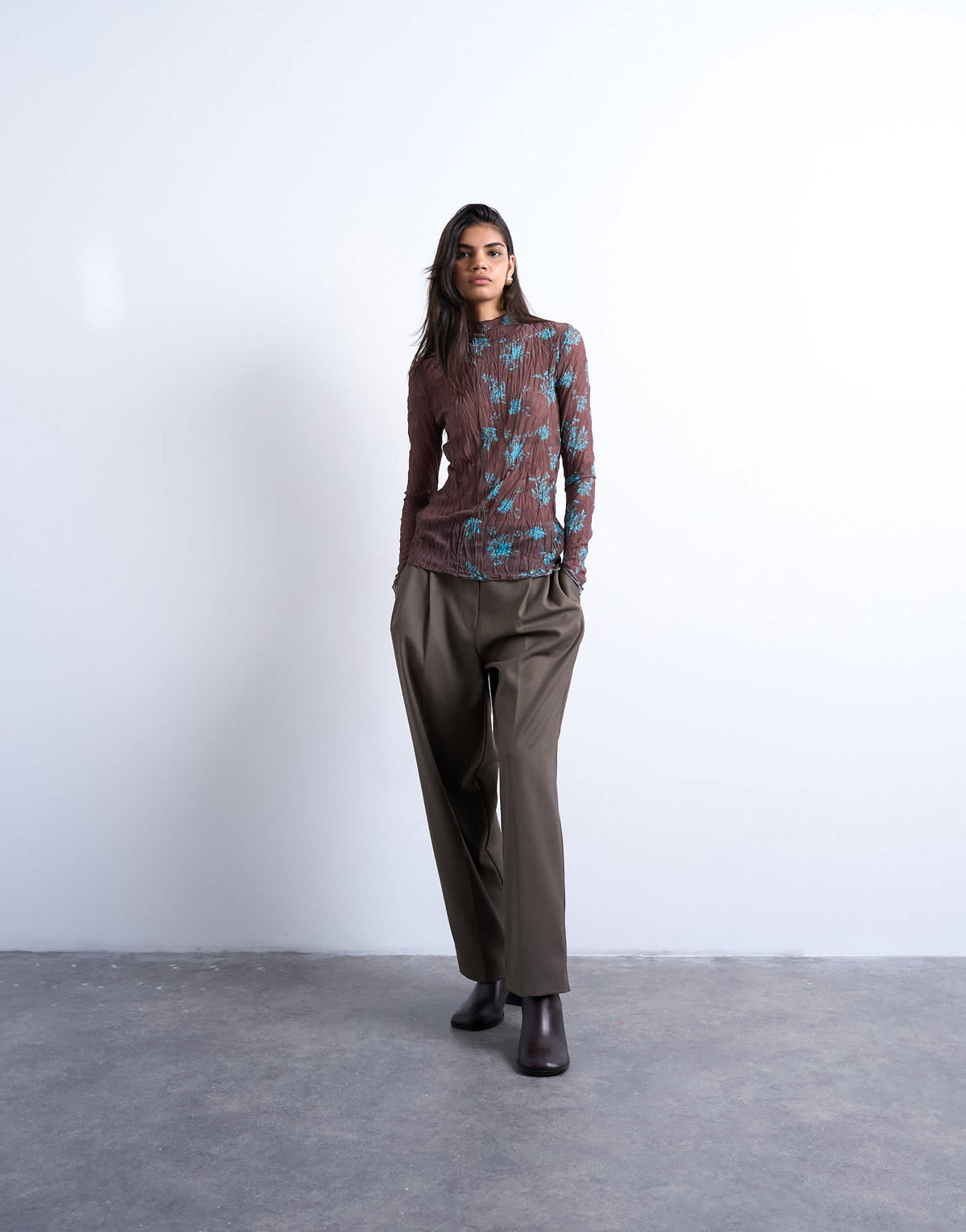 Topshop spliced crinkle mesh long sleeve top in brown and turquoise