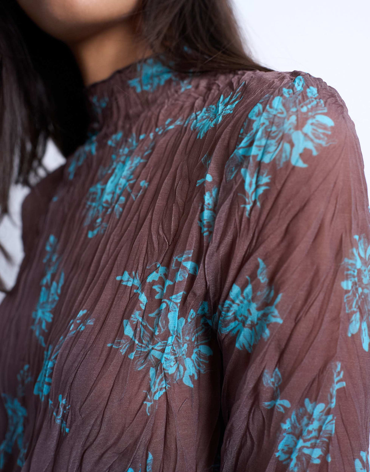 Topshop spliced crinkle mesh long sleeve top in brown and turquoise