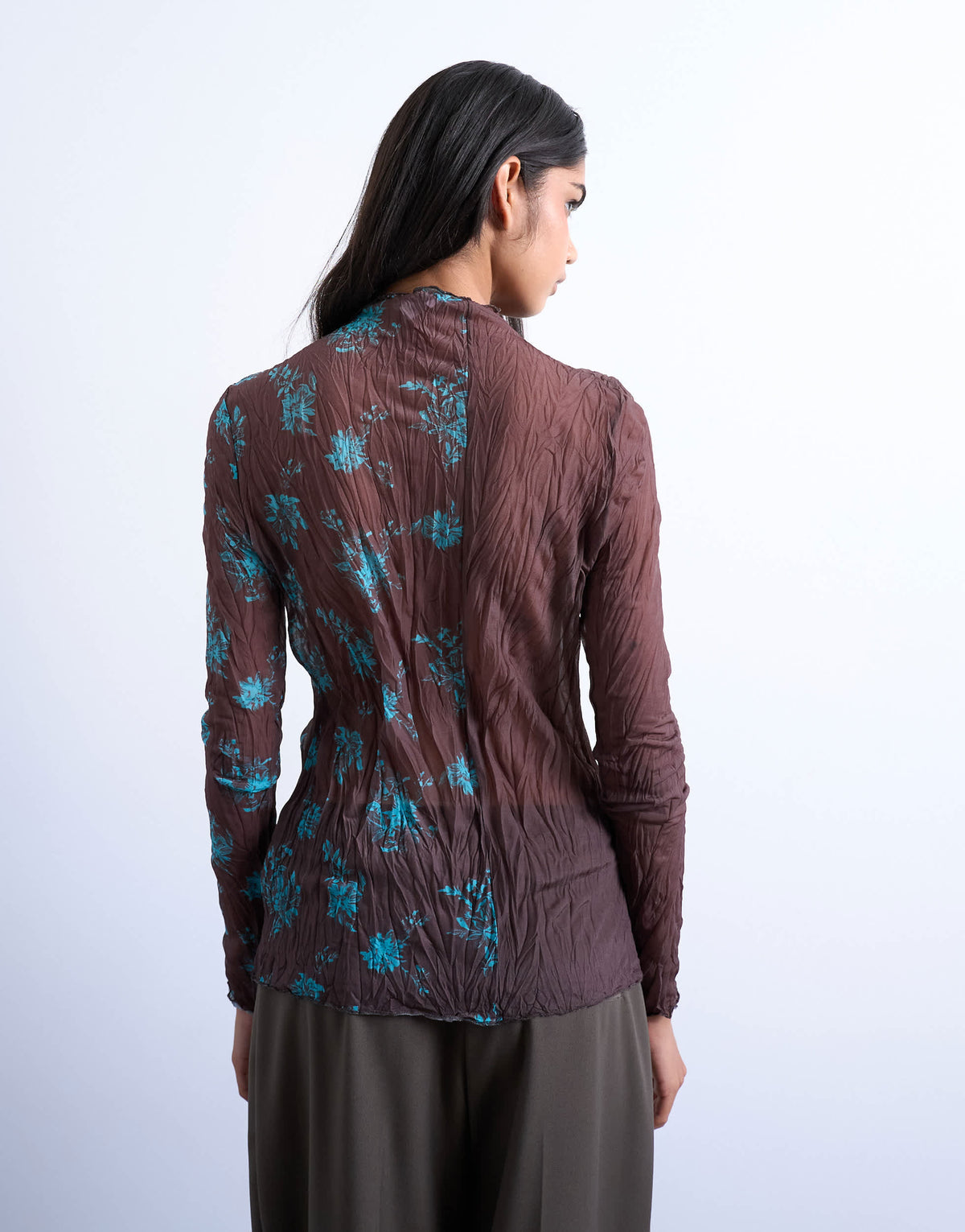 Topshop spliced crinkle mesh long sleeve top in brown and turquoise