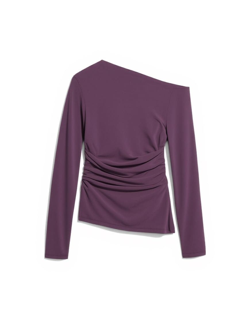 Topshop cupro off shoulder ruched long sleeve top in plum