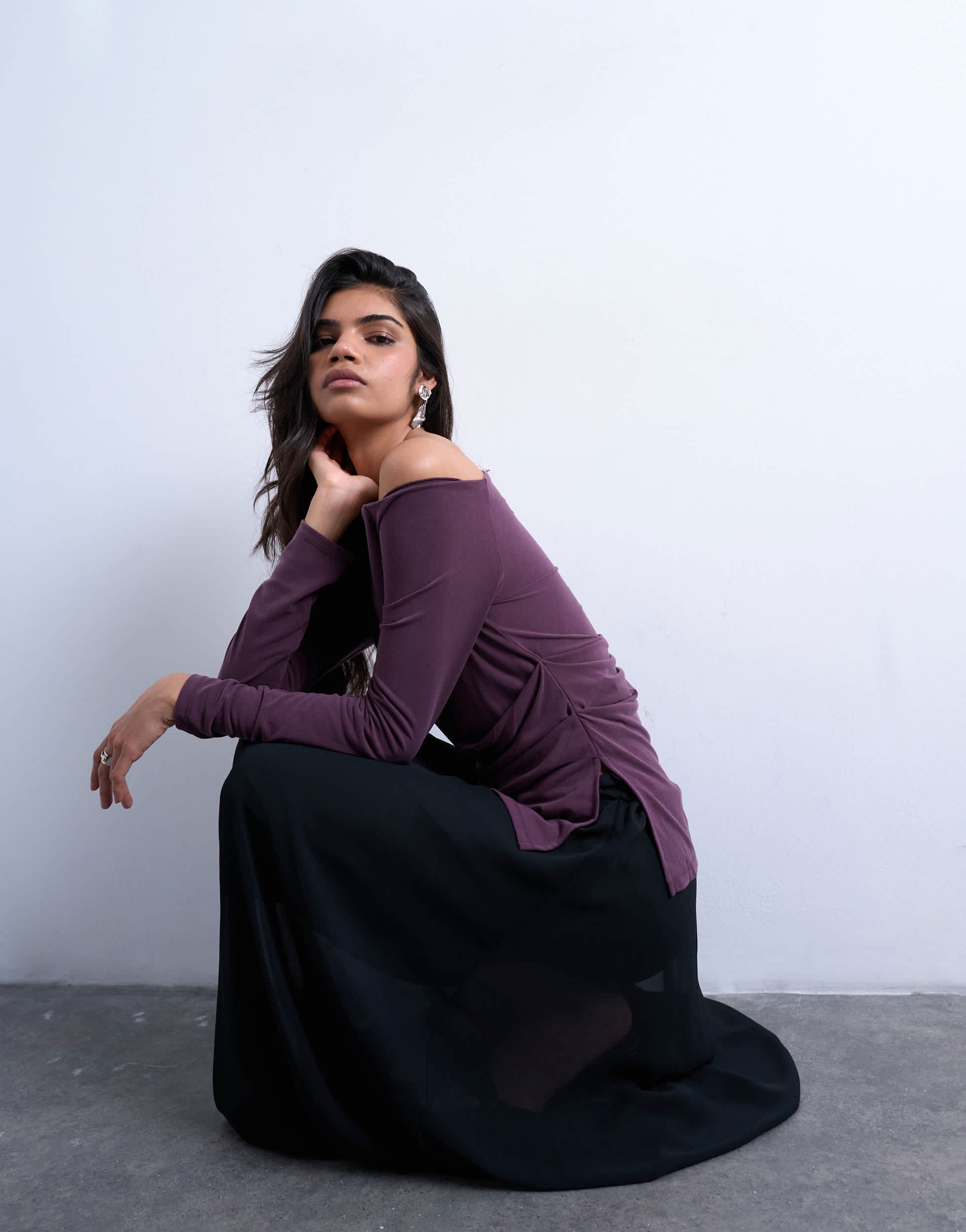 Topshop cupro off shoulder ruched long sleeve top in plum