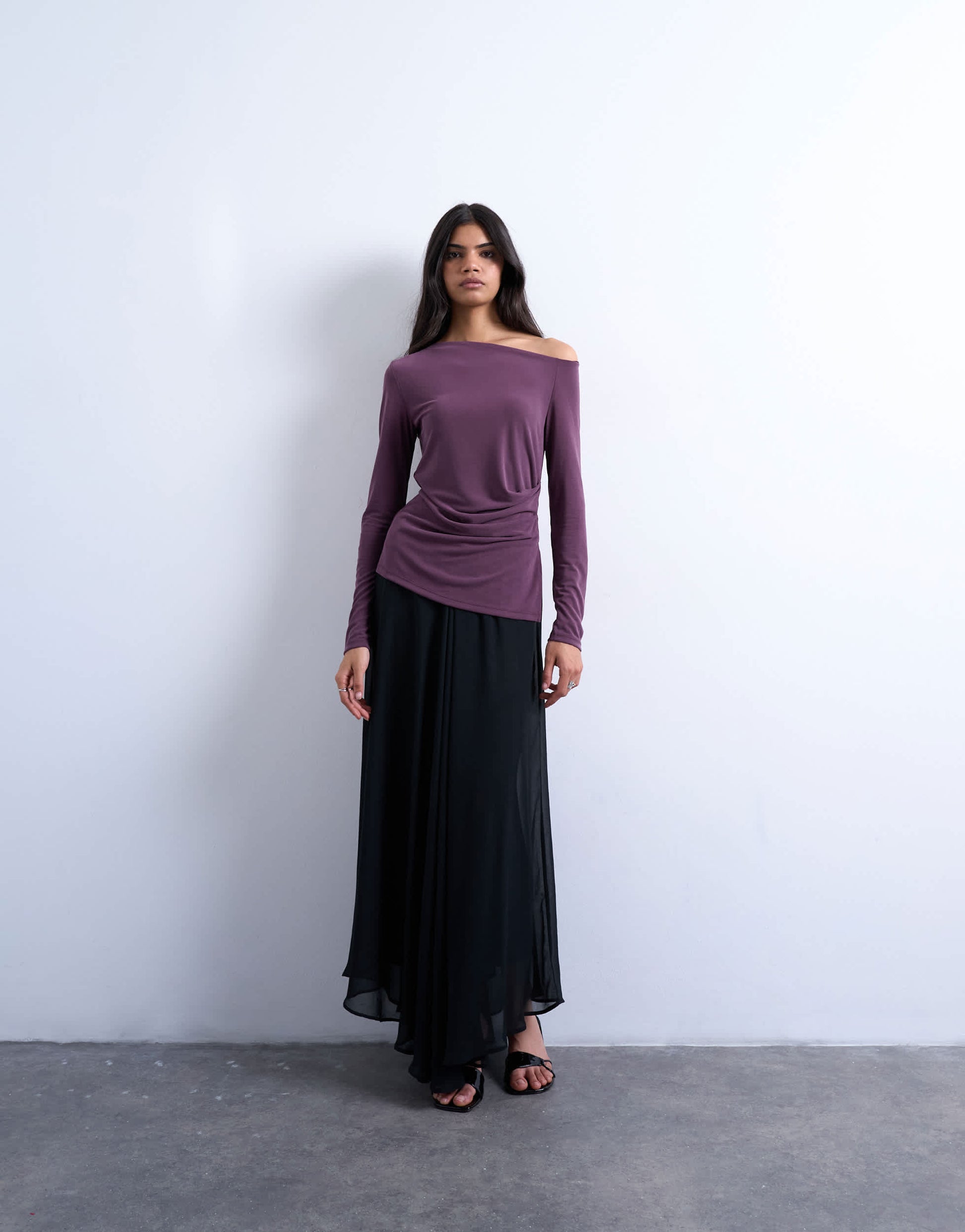 Topshop cupro off shoulder ruched long sleeve top in plum