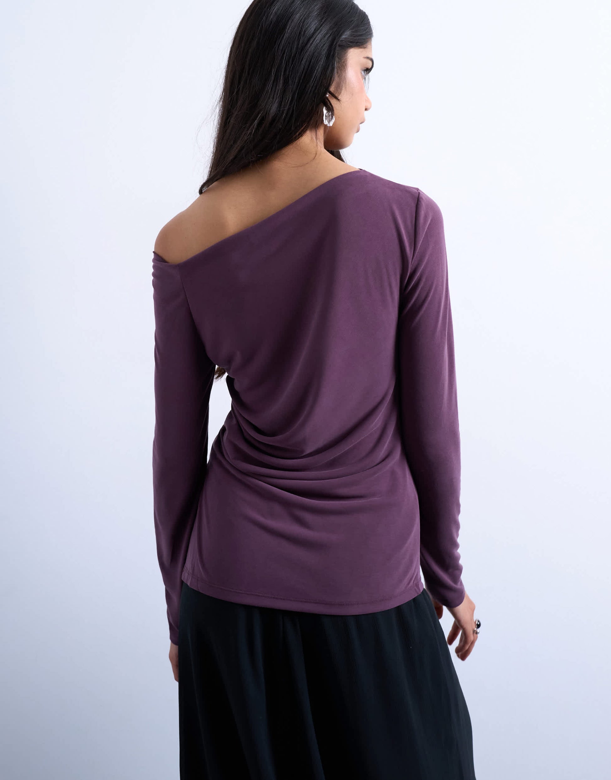Topshop cupro off shoulder ruched long sleeve top in plum