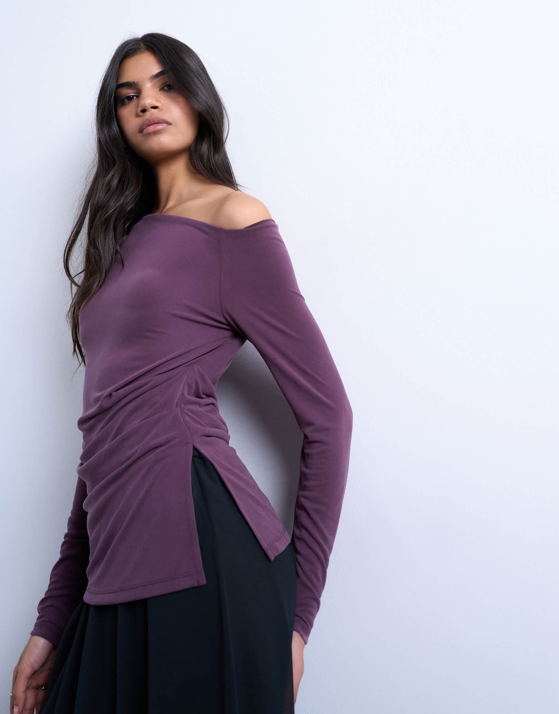 Topshop cupro off shoulder ruched long sleeve top in plum
