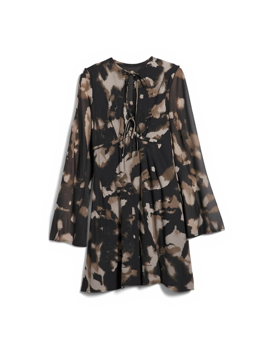 Topshop tie front long sleeve mini tea dress in abstract print