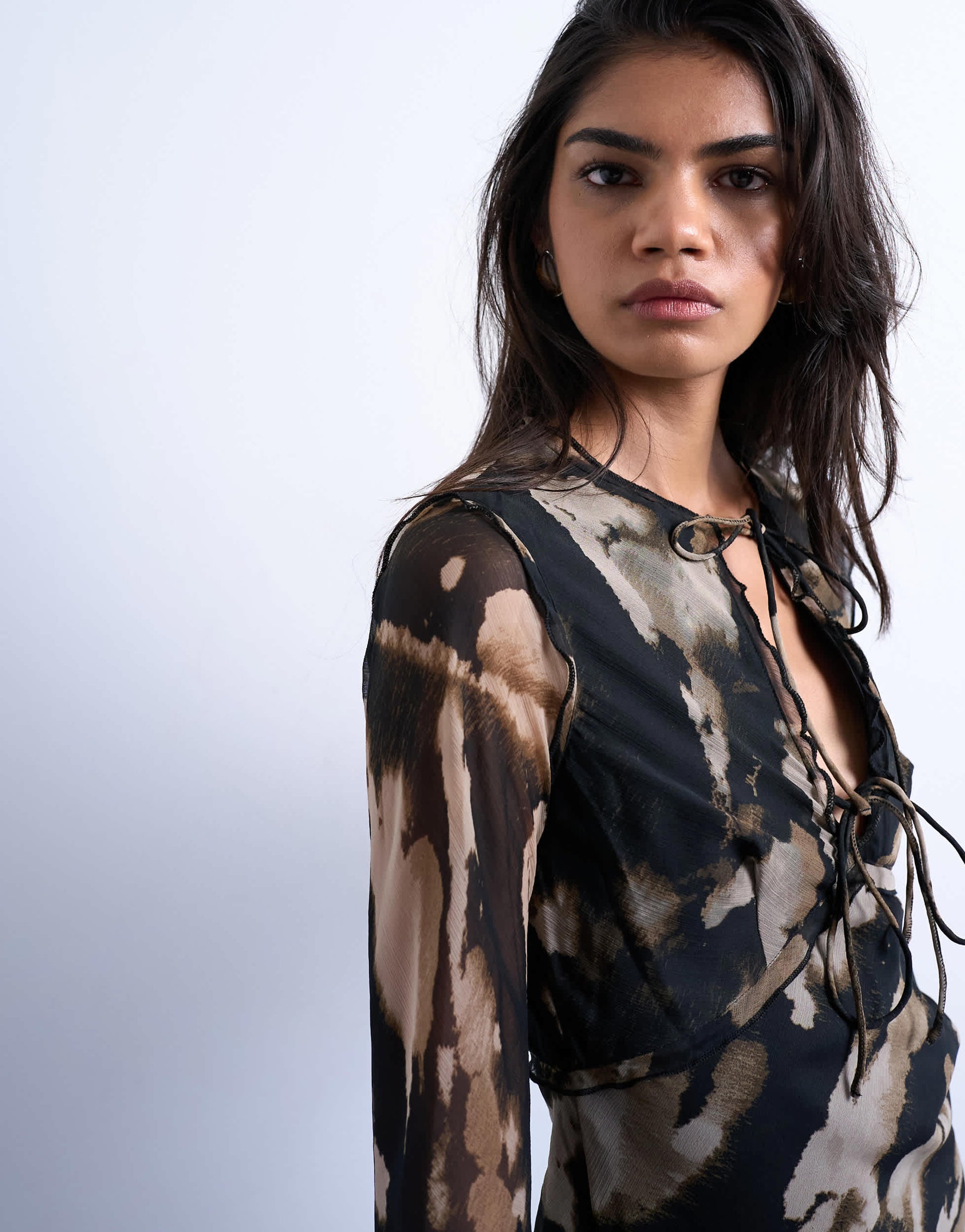 Topshop tie front long sleeve mini tea dress in abstract print
