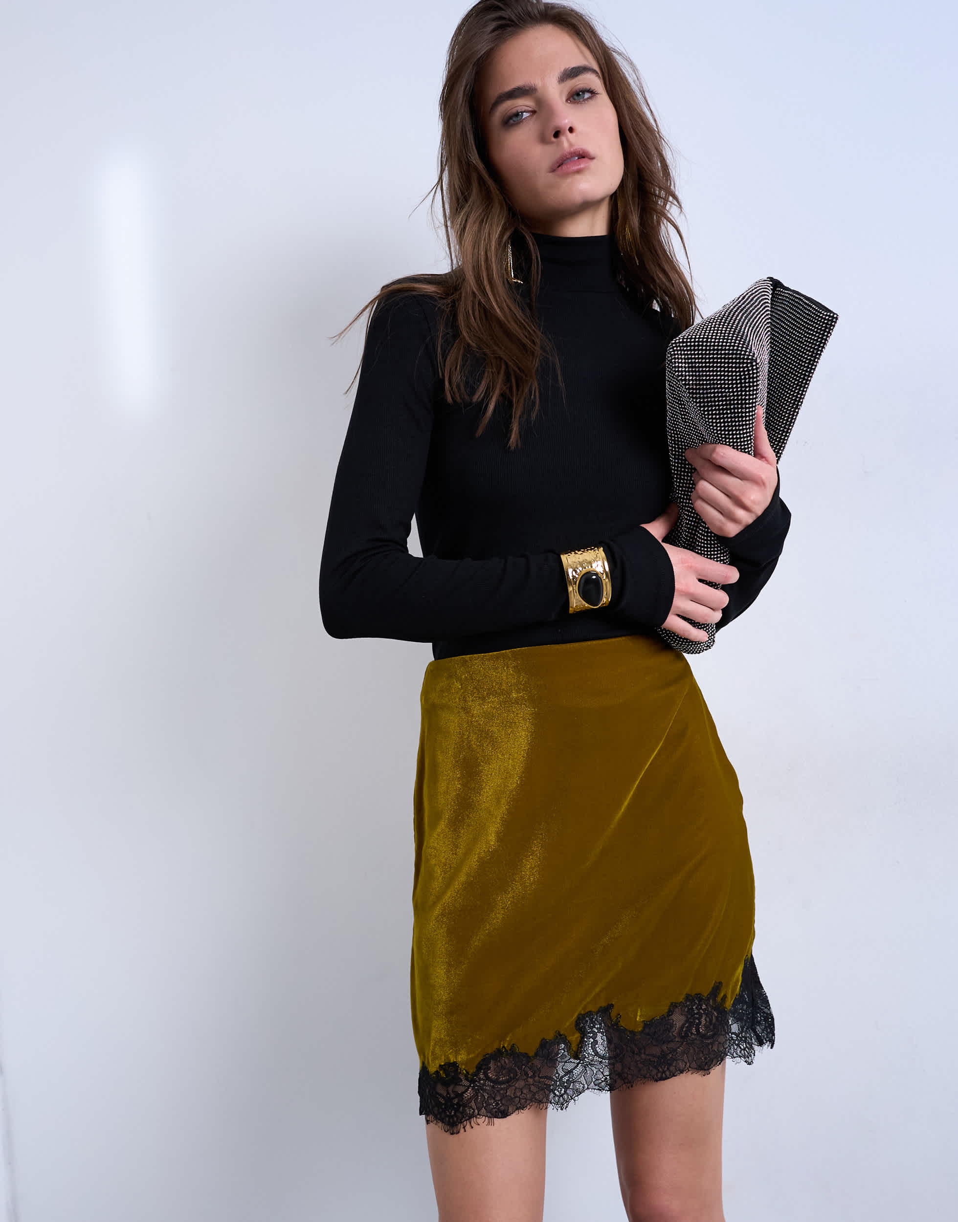 Topshop velvet lace mini skirt in olive