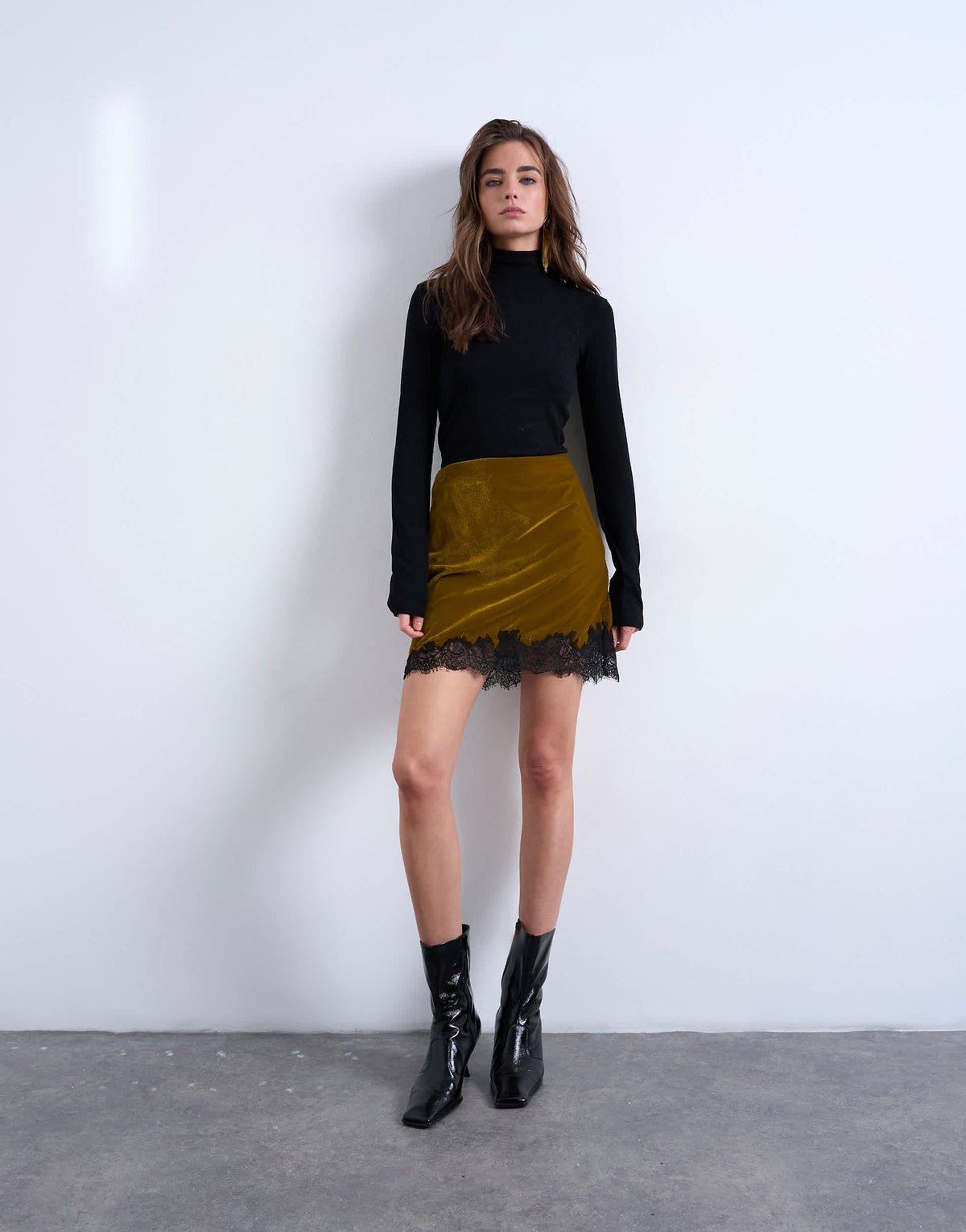 Topshop velvet lace mini skirt in olive