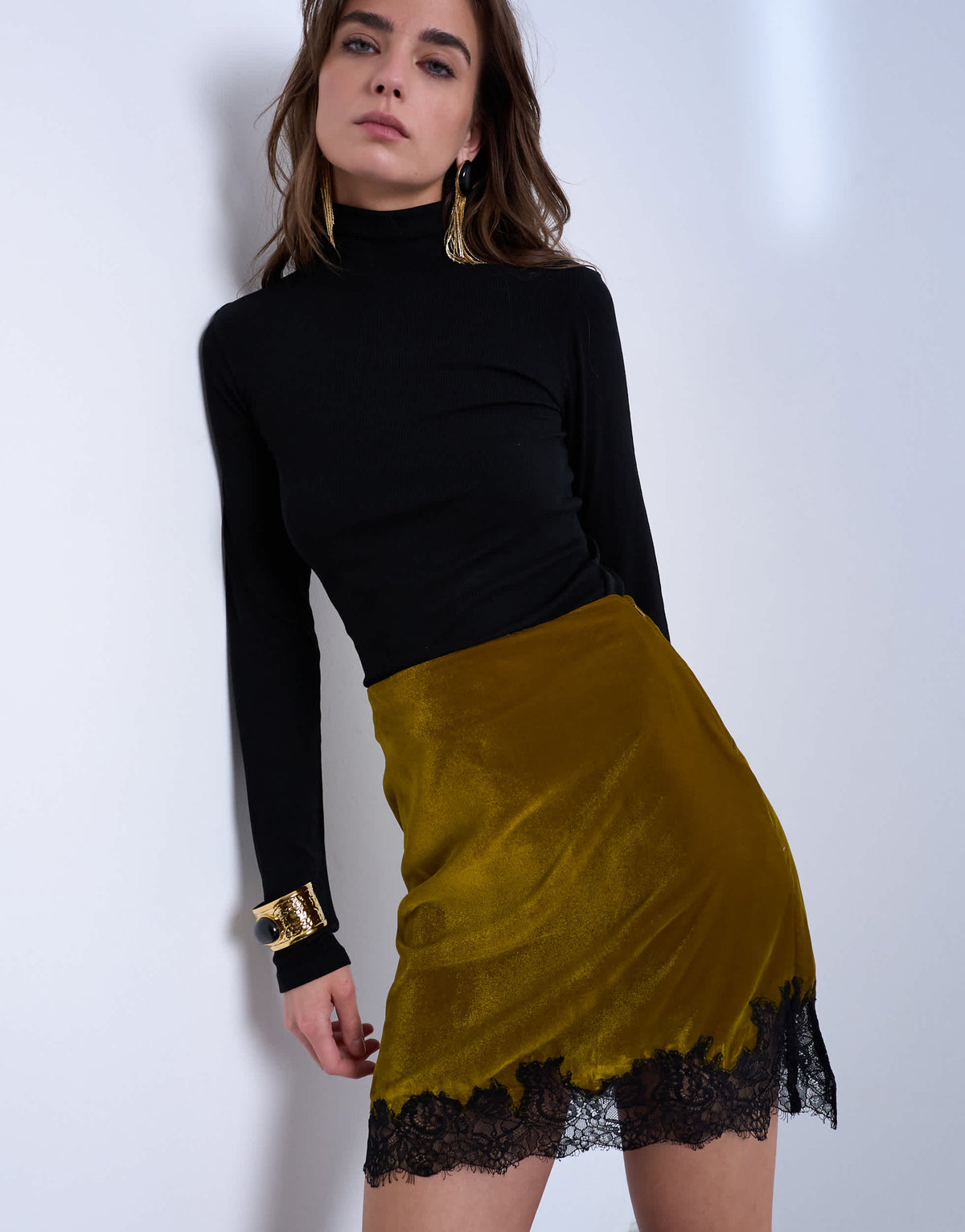 Topshop velvet lace mini skirt in olive