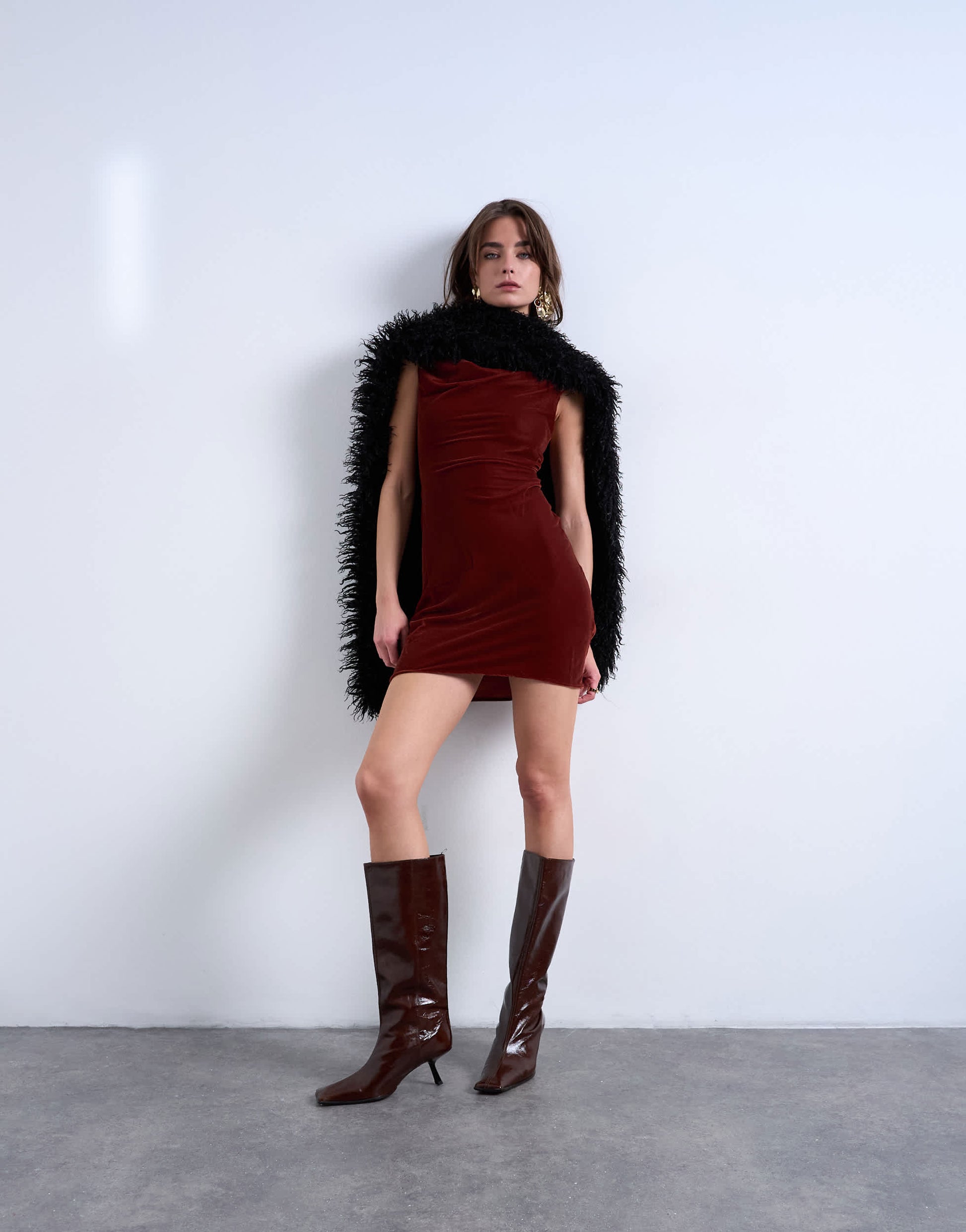 Topshop twist shoulder velvet cami mini dress in tabacco