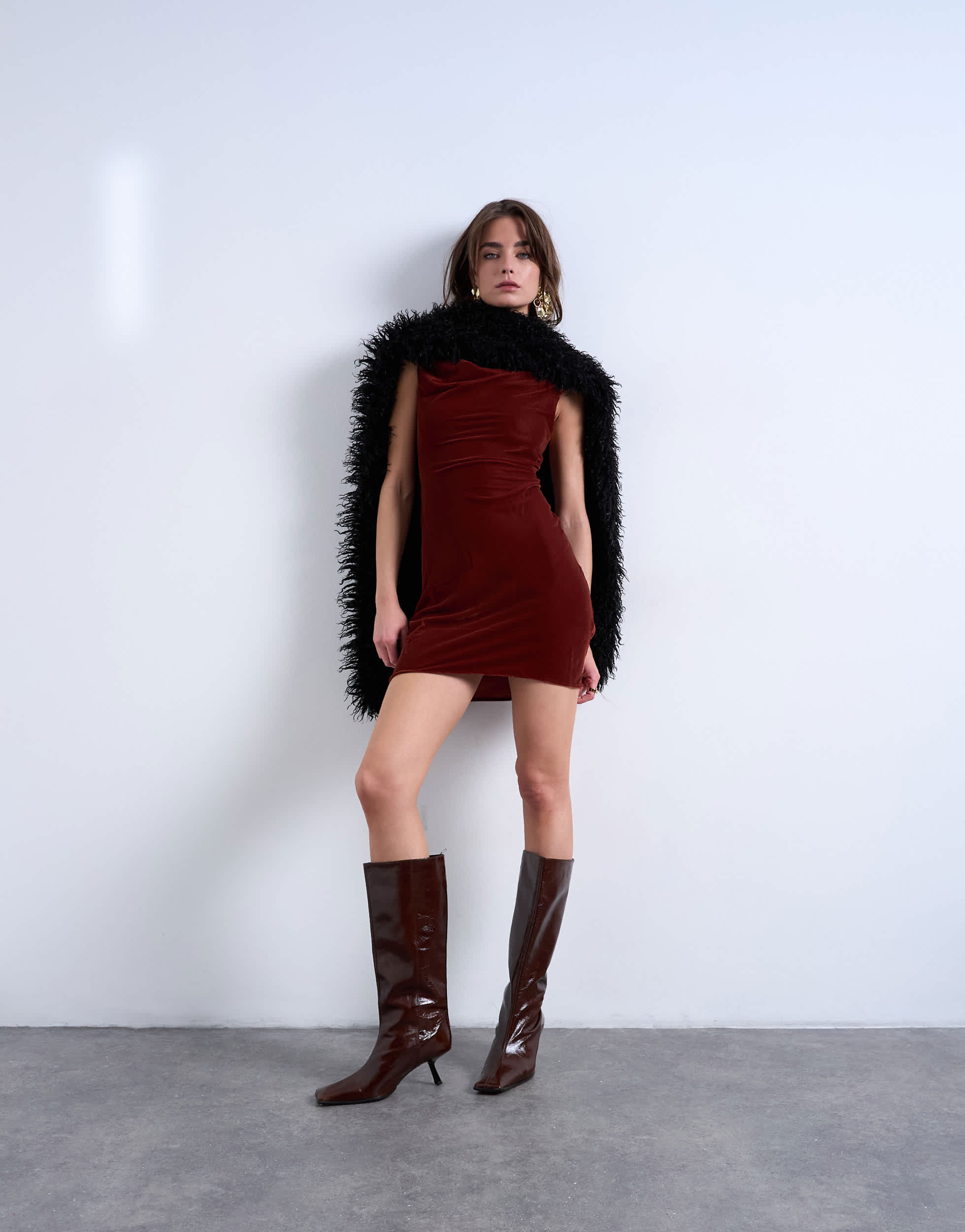Topshop twist shoulder velvet cami mini dress in tabacco