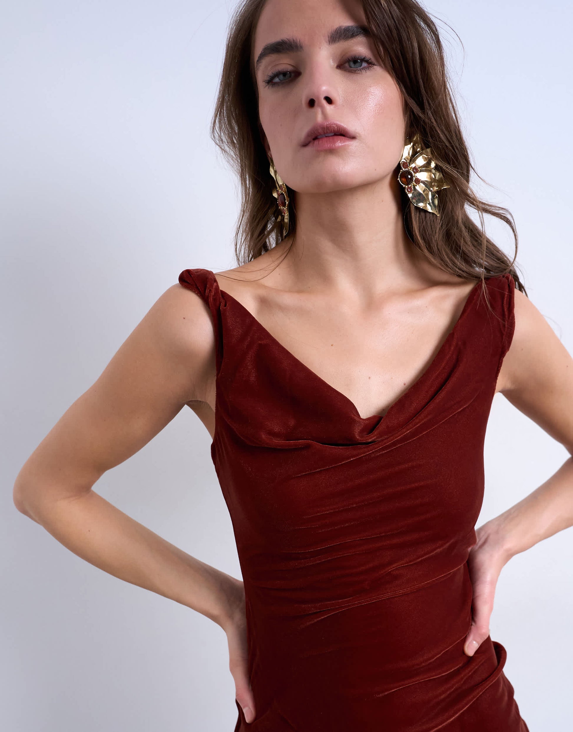 Topshop twist shoulder velvet cami mini dress in tabacco