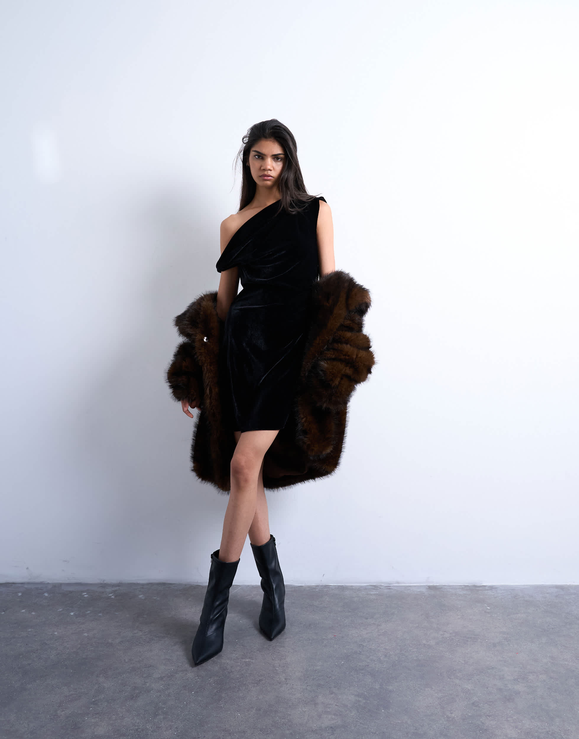 Topshop grown on twist shoulder velvet mini dress in black