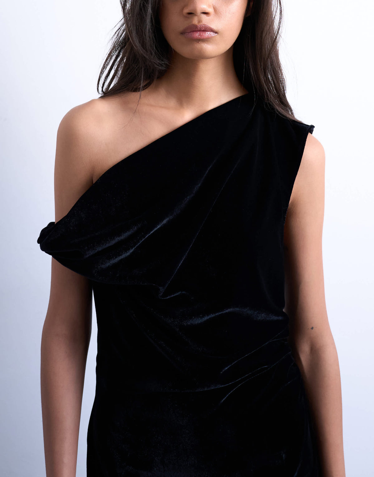 Topshop grown on twist shoulder velvet mini dress in black