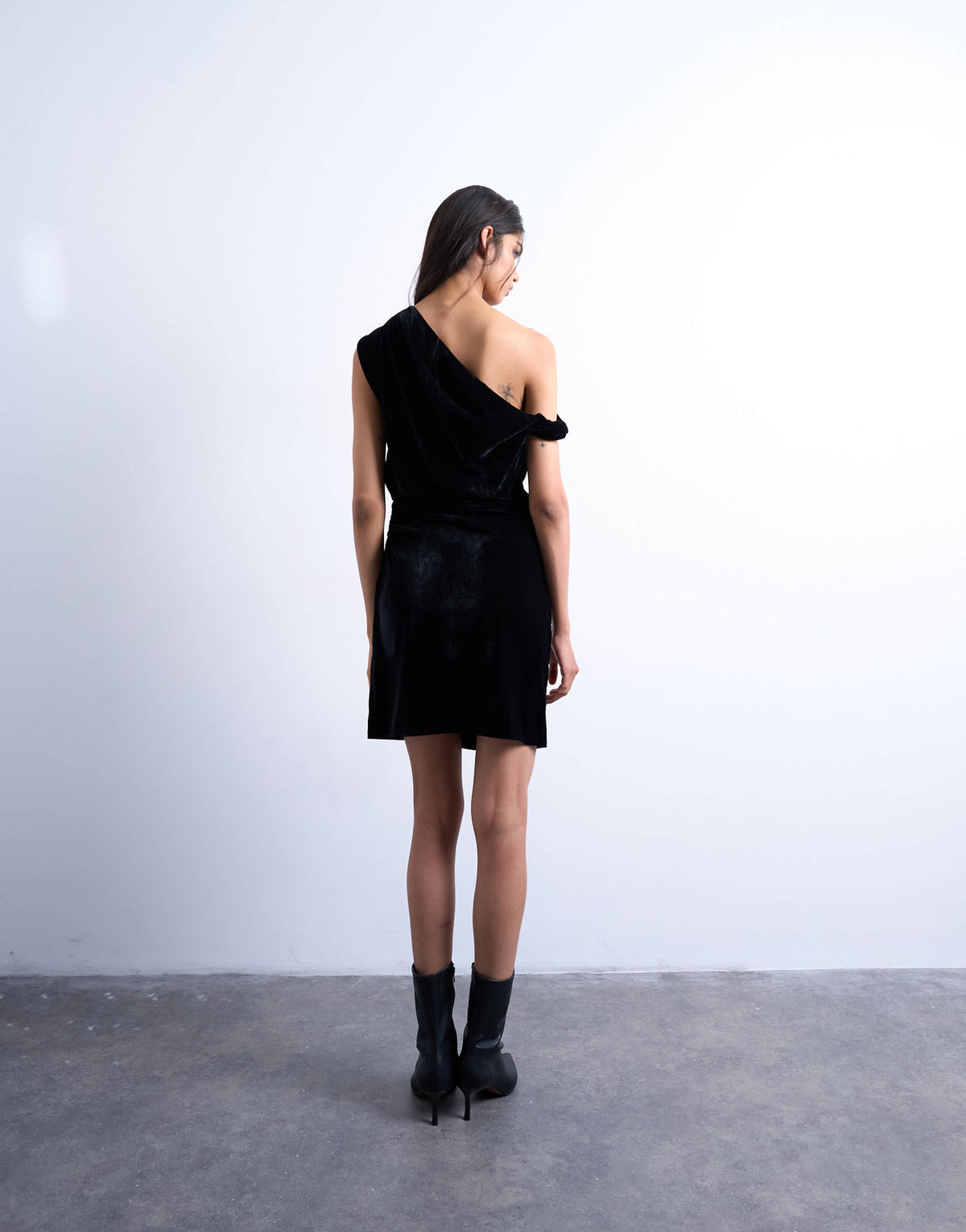 Topshop grown on twist shoulder velvet mini dress in black