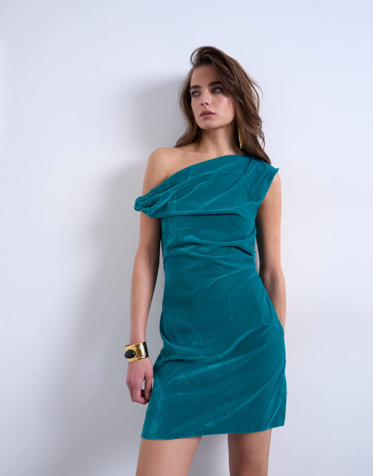 Topshop grown on twist shoulder velvet mini dress in teal