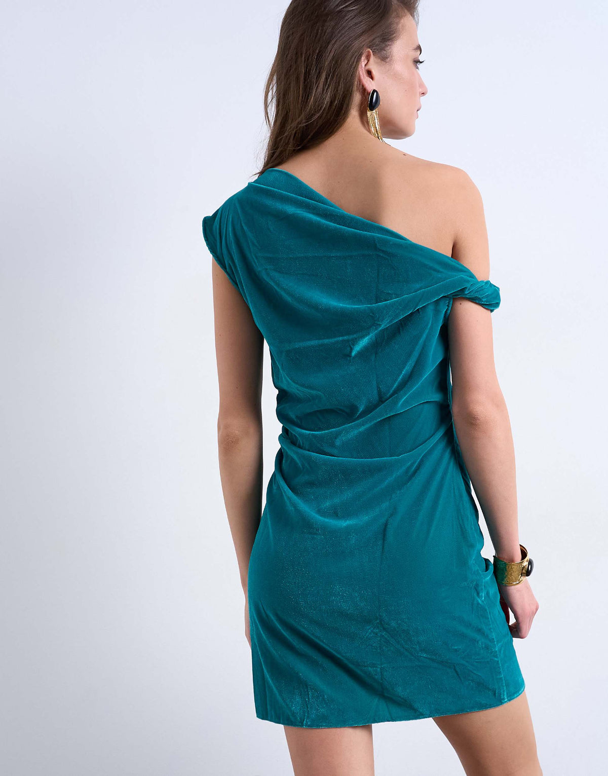Topshop grown on twist shoulder velvet mini dress in teal