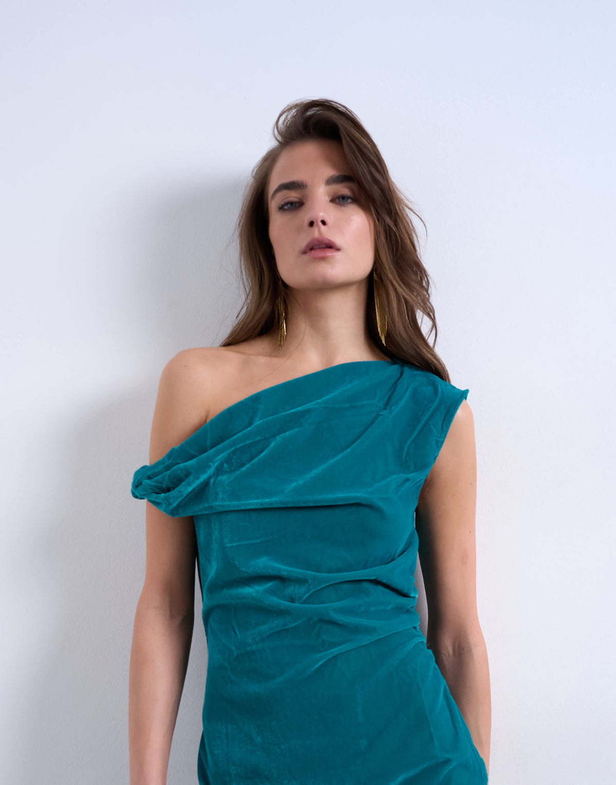 Topshop grown on twist shoulder velvet mini dress in teal