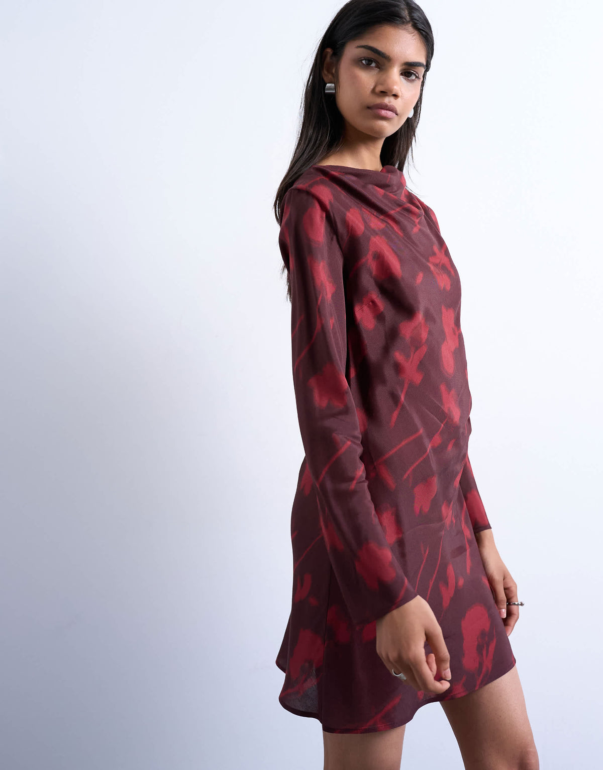 Topshop drape neck mini dress in wine floral