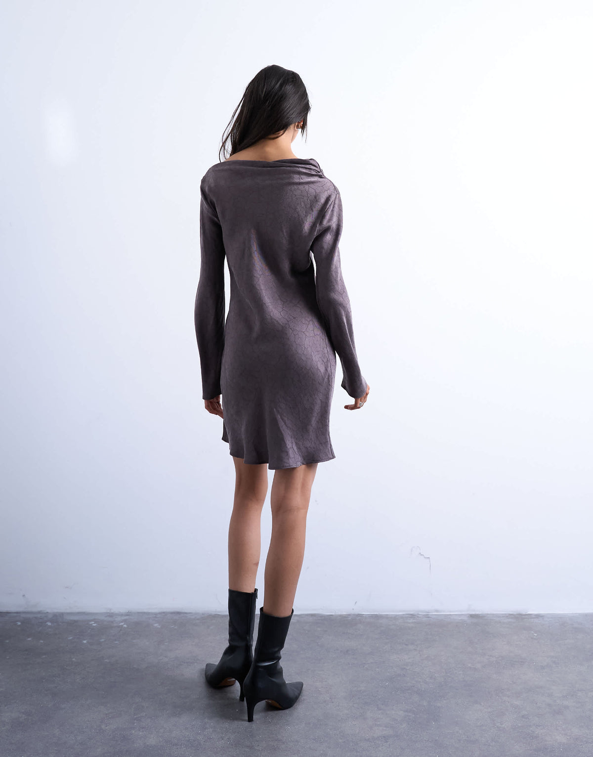 Topshop drape neck mini dress in charcoal mauve cupro jacquard
