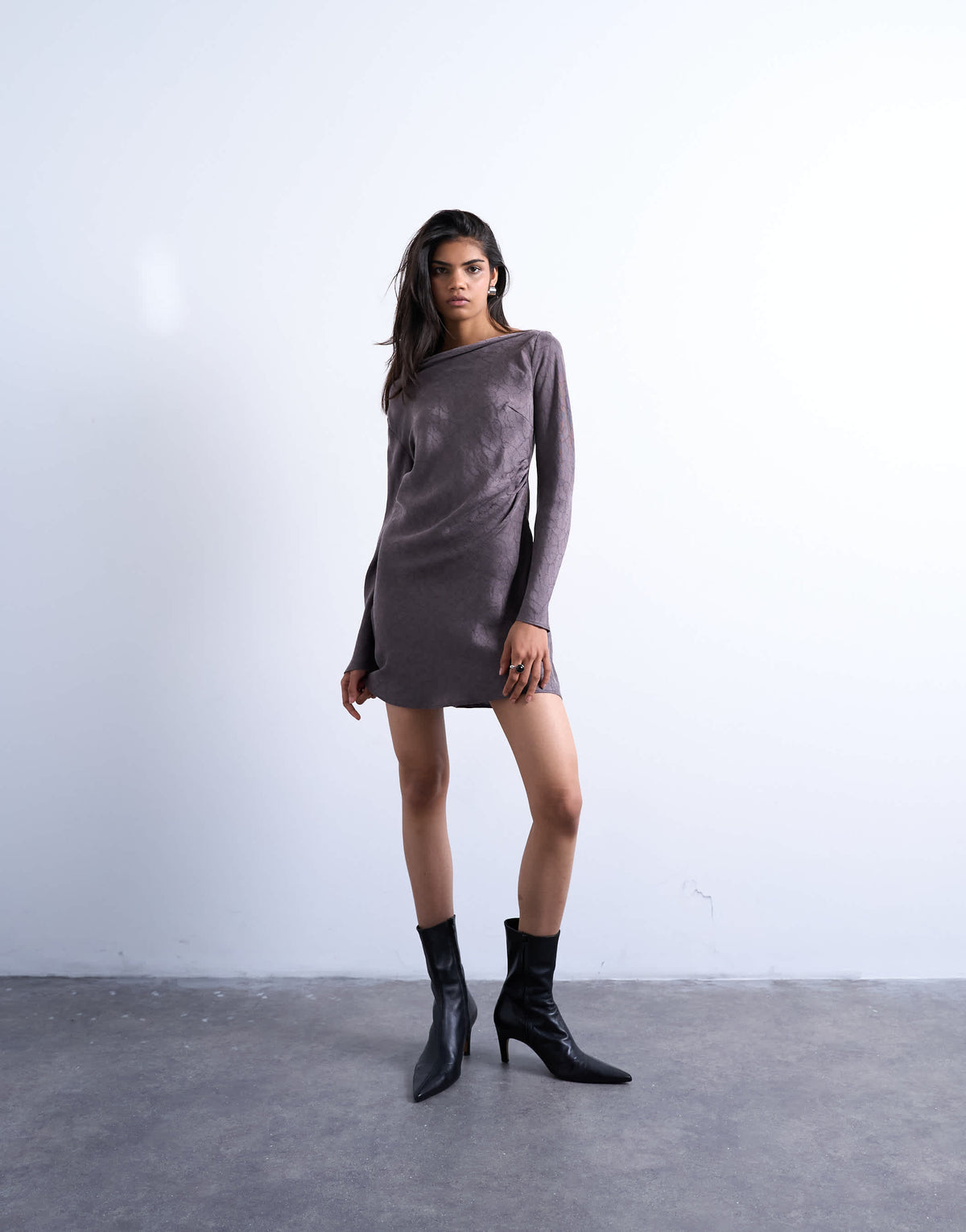 Topshop drape neck mini dress in charcoal mauve cupro jacquard