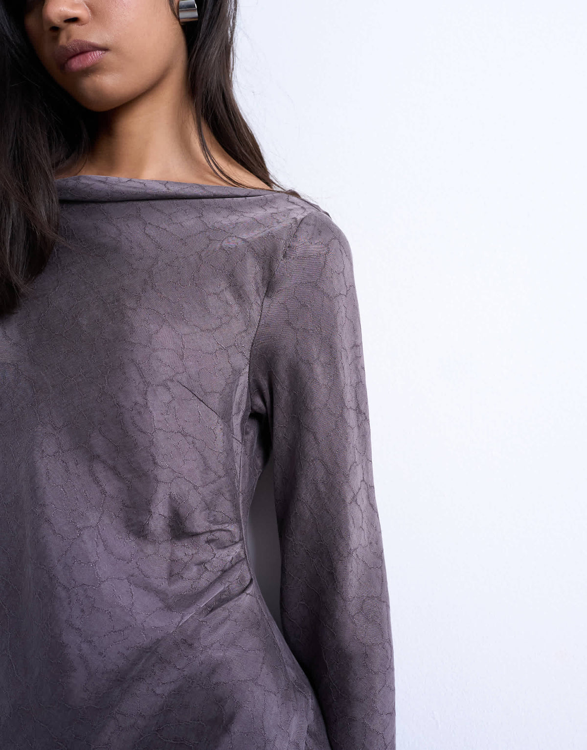 Topshop drape neck mini dress in charcoal mauve cupro jacquard