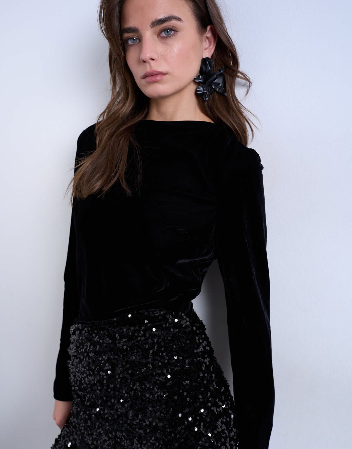 Topshop long sleeve drape neck velvet top in black